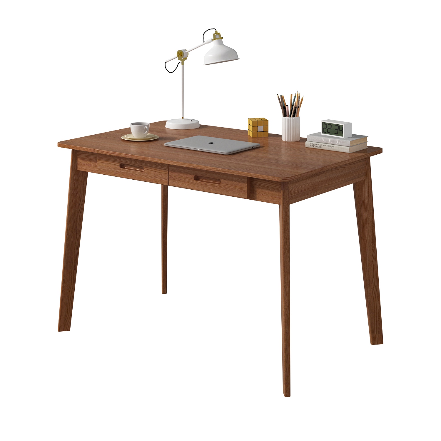 Famapy Walnut Writing Desk with Two Drawers, Modern Home Office Table, Dark Brown