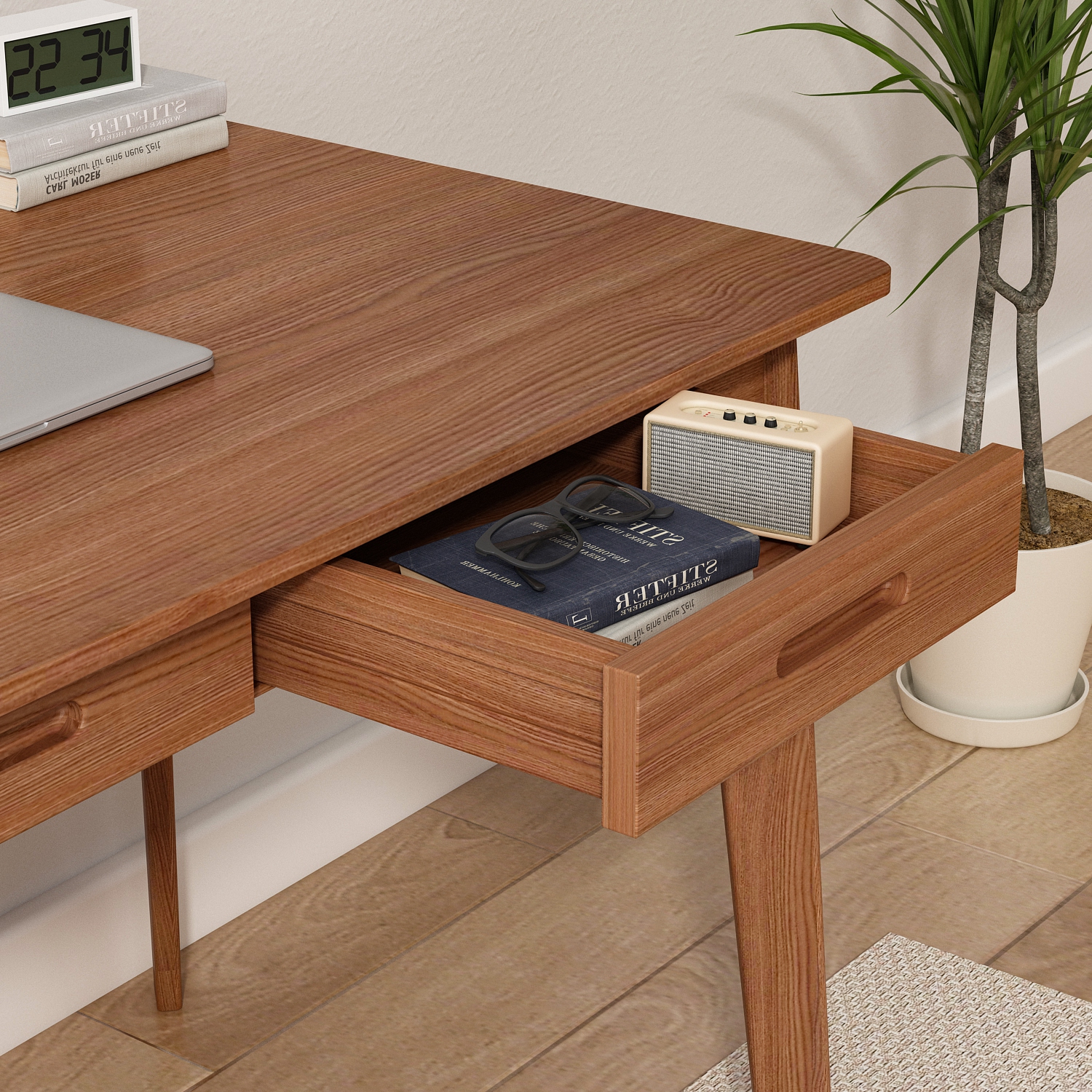 Famapy Walnut Writing Desk with Two Drawers, Modern Home Office Table, Dark Brown