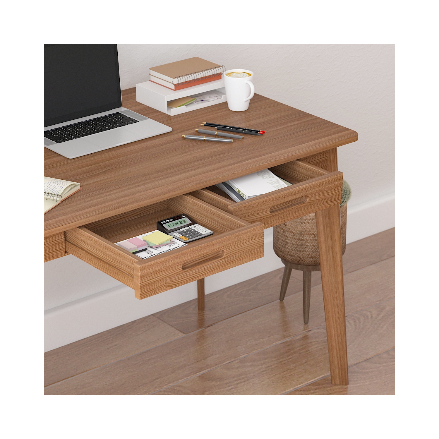 Famapy Walnut Writing Desk with Two Drawers, Modern Home Office Table, Dark Brown