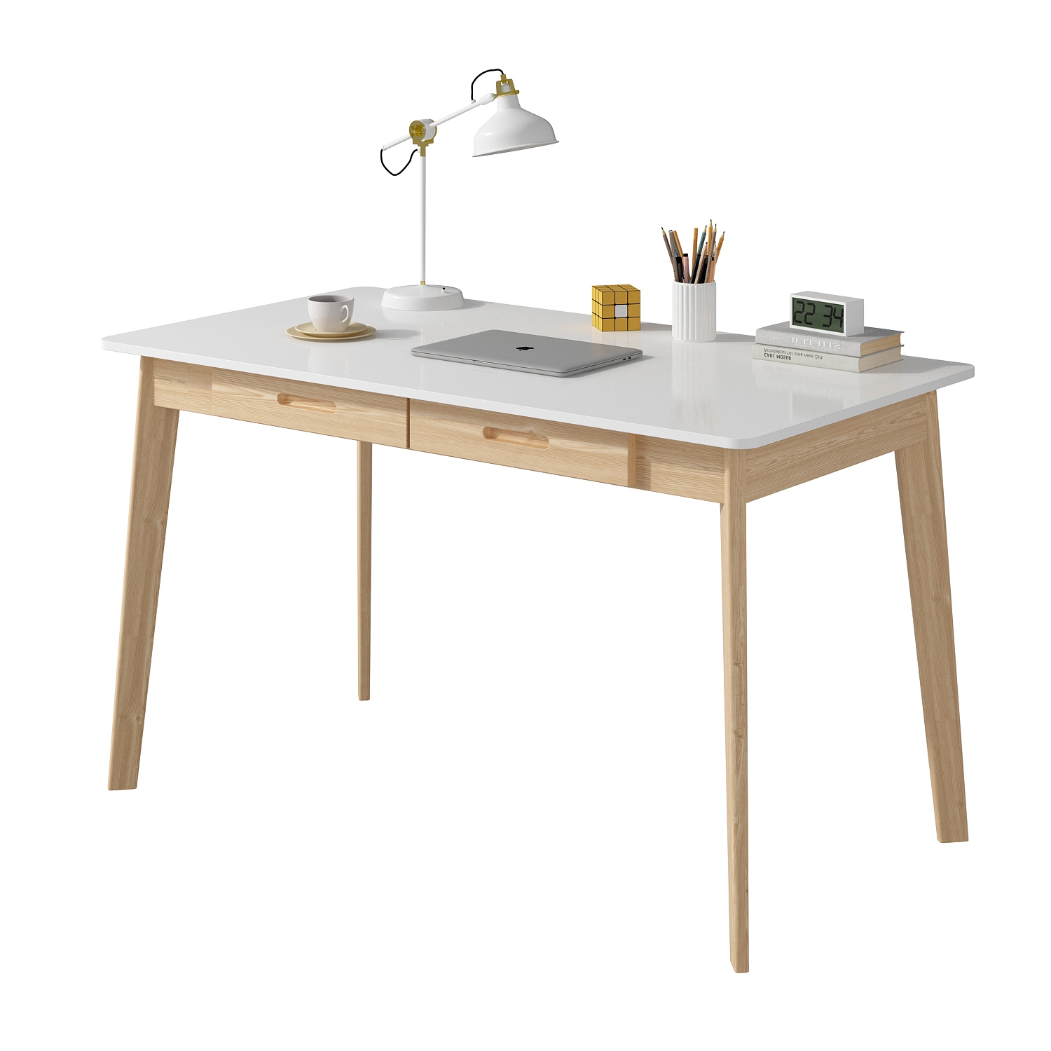 Famapy White Writing Desk with Two Drawers, Modern Home Office Table, White&Natural Wood Legs