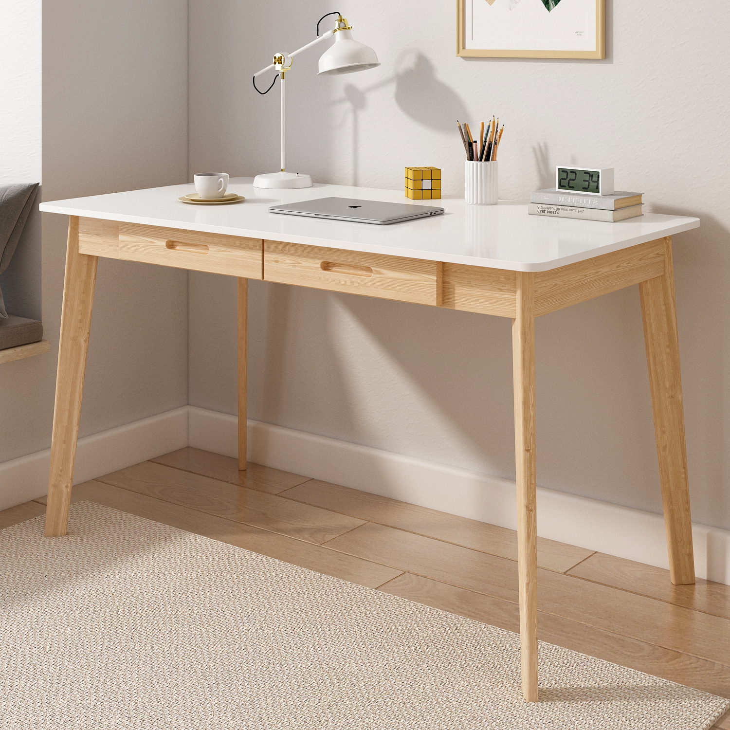 Famapy White Writing Desk with Two Drawers, Modern Home Office Table, White&Natural Wood Legs