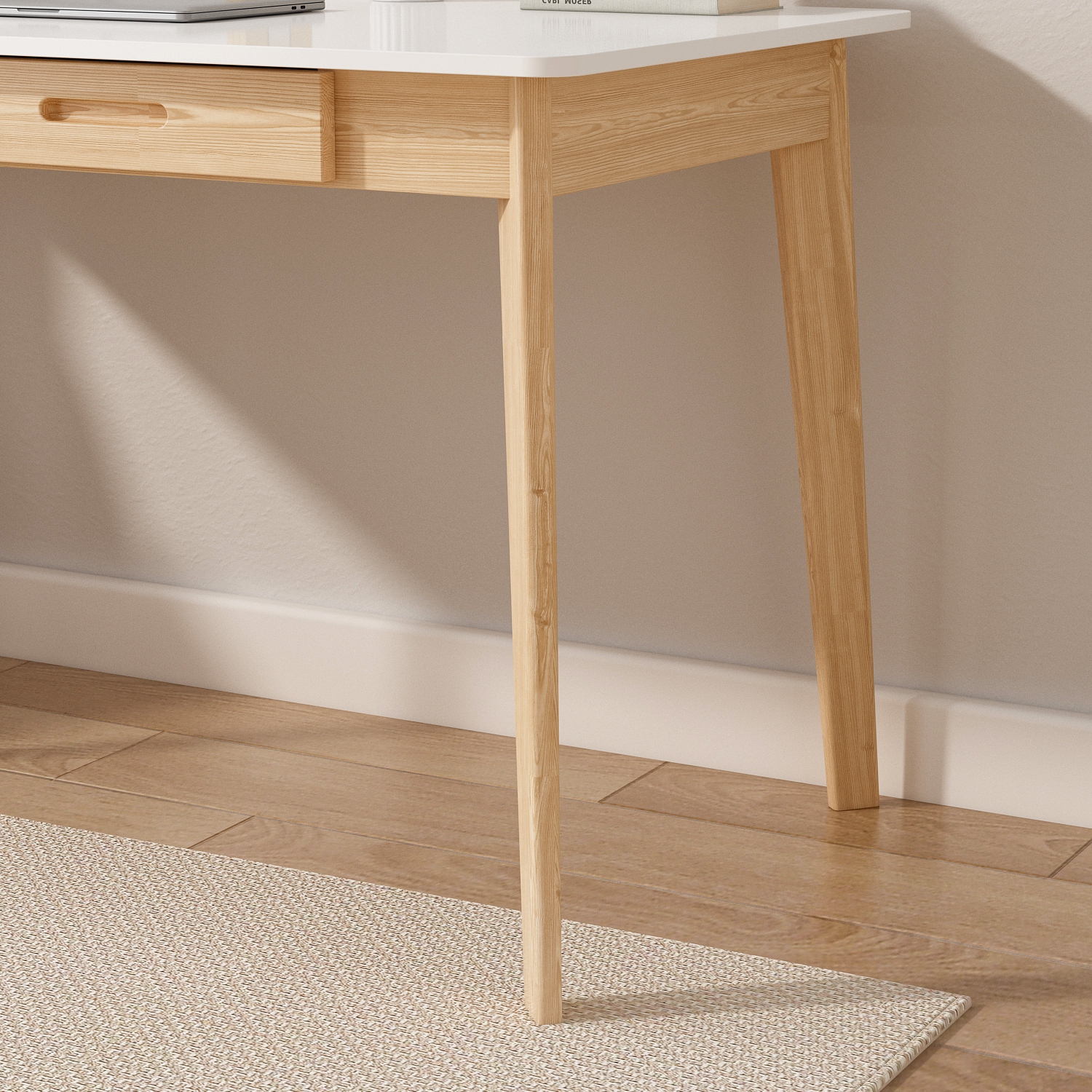 Famapy White Writing Desk with Two Drawers, Modern Home Office Table, White&Natural Wood Legs