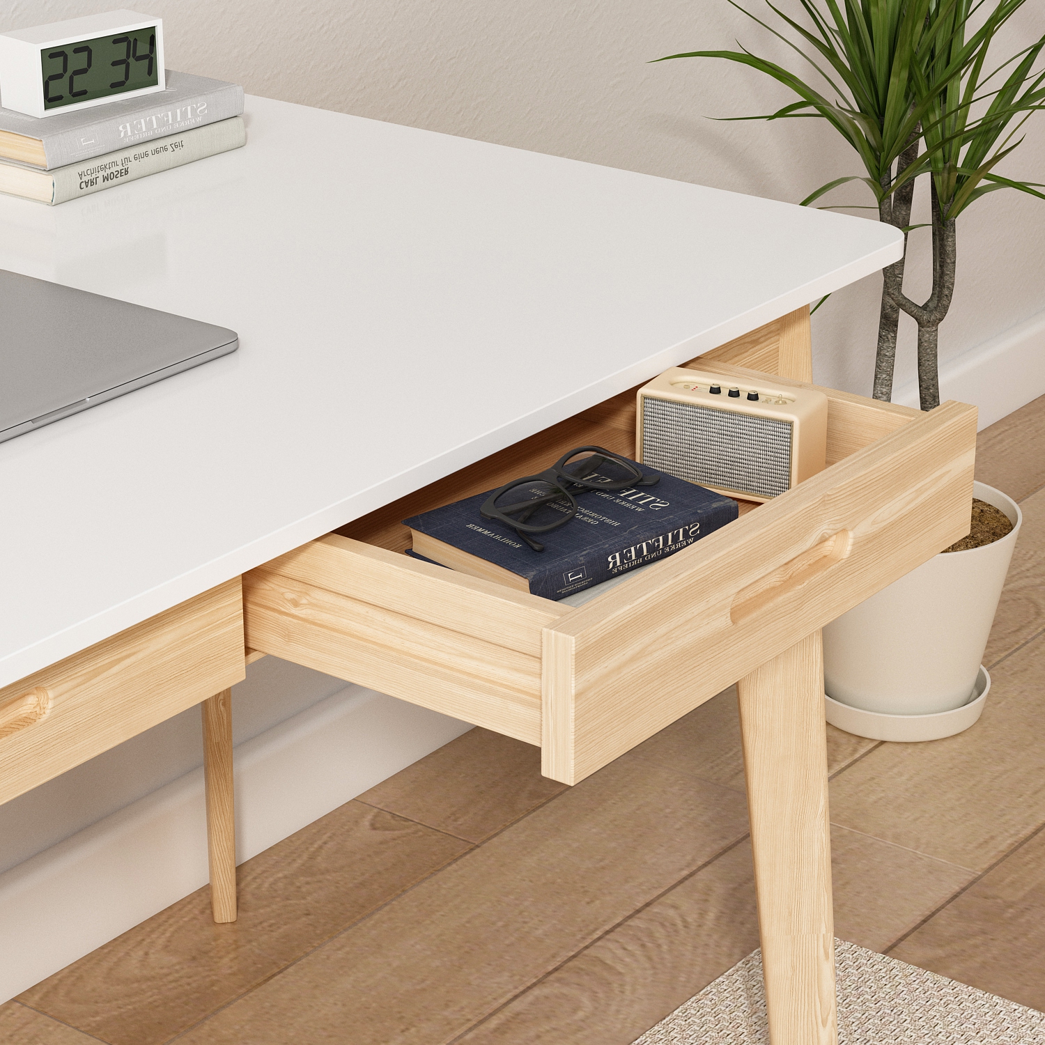 Famapy White Writing Desk with Two Drawers, Modern Home Office Table, White&Natural Wood Legs