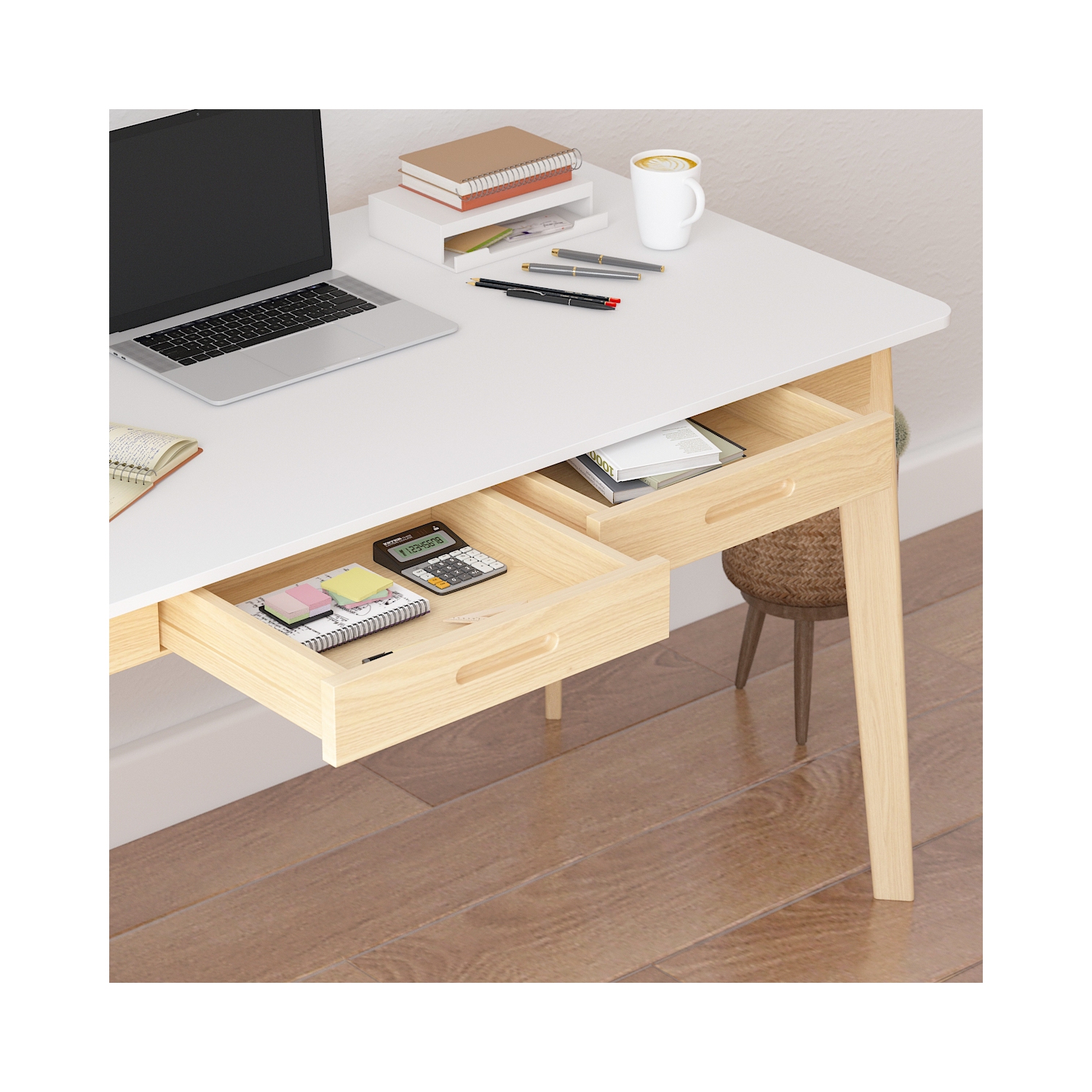 Famapy White Writing Desk with Two Drawers, Modern Home Office Table, White&Natural Wood Legs