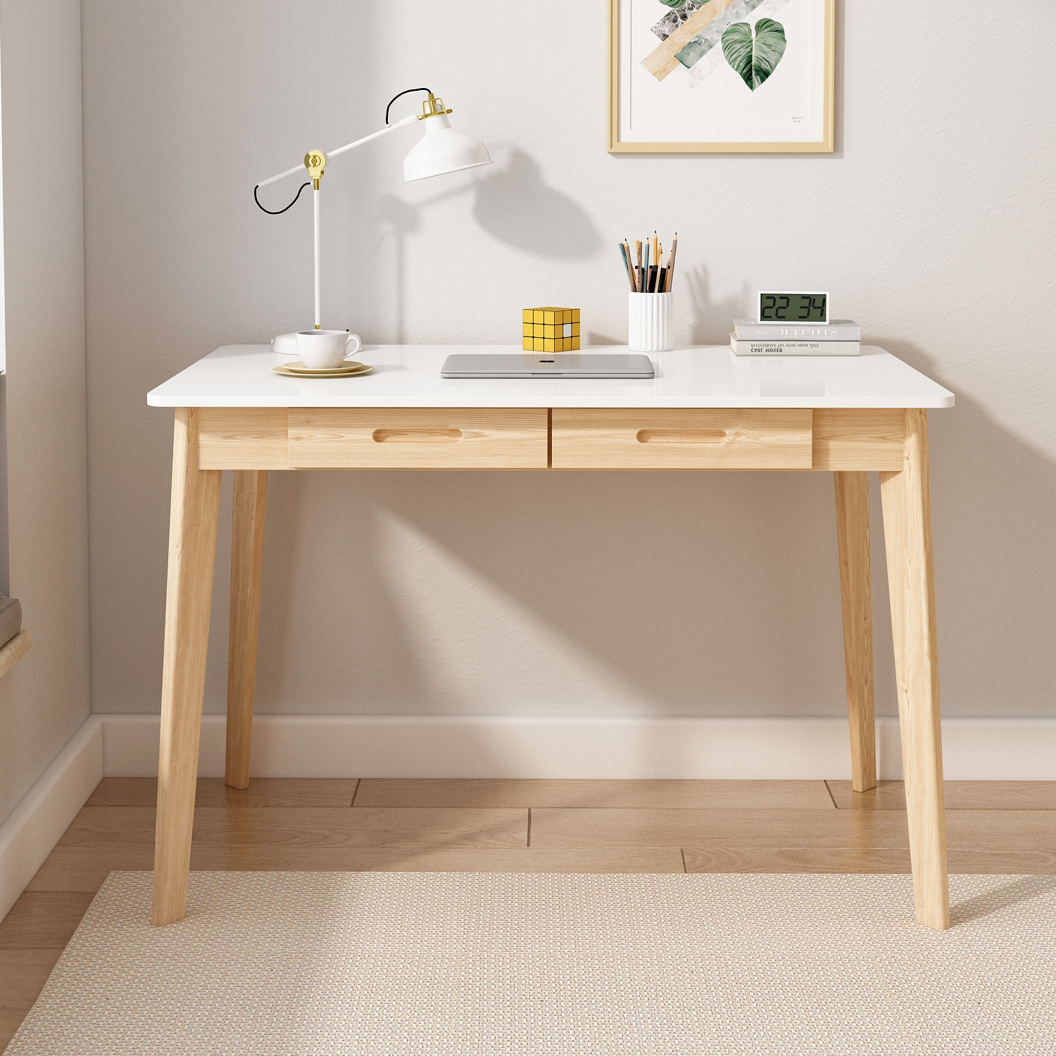 Famapy White Writing Desk with Two Drawers, Modern Home Office Table, Natural Wood Legs