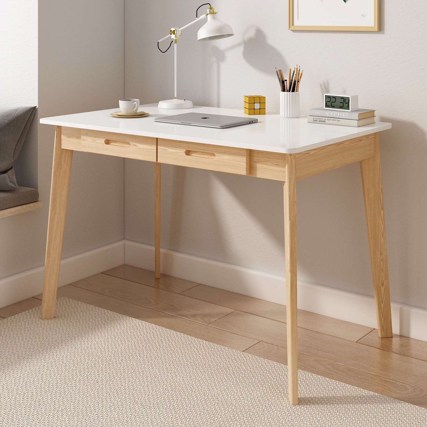 Famapy White Writing Desk with Two Drawers, Modern Home Office Table, Natural Wood Legs