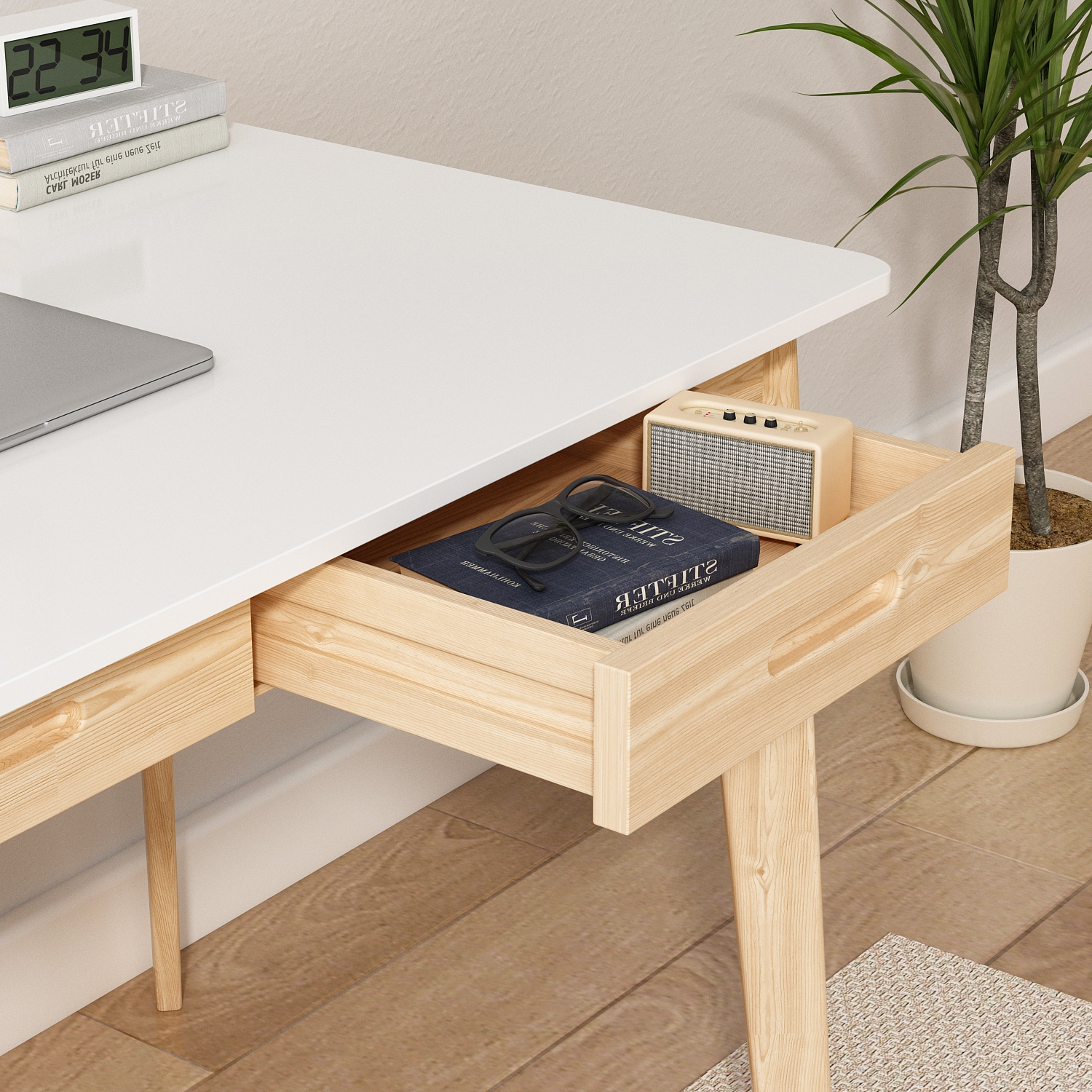 Famapy White Writing Desk with Two Drawers, Modern Home Office Table, Natural Wood Legs
