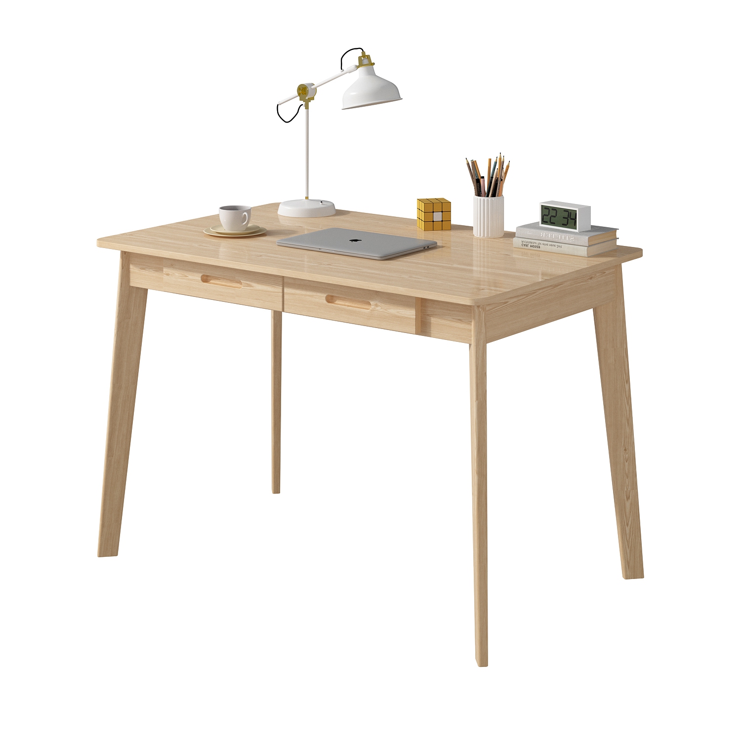 Famapy – Bureau de travail en bois naturel avec deux tiroirs, table de bureau moderne pour la maison, bois naturel