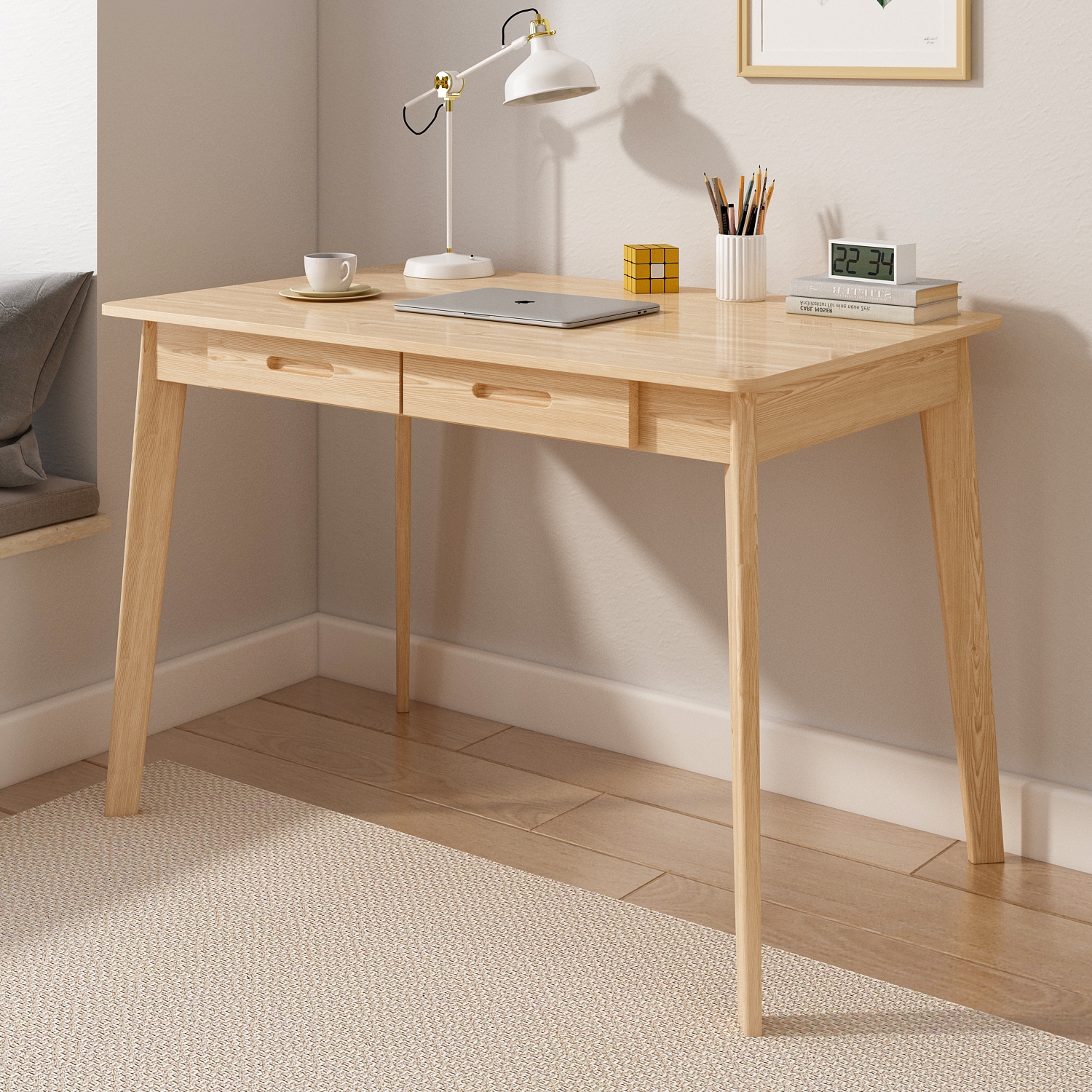 Famapy – Bureau de travail en bois naturel avec deux tiroirs, table de bureau moderne pour la maison, bois naturel
