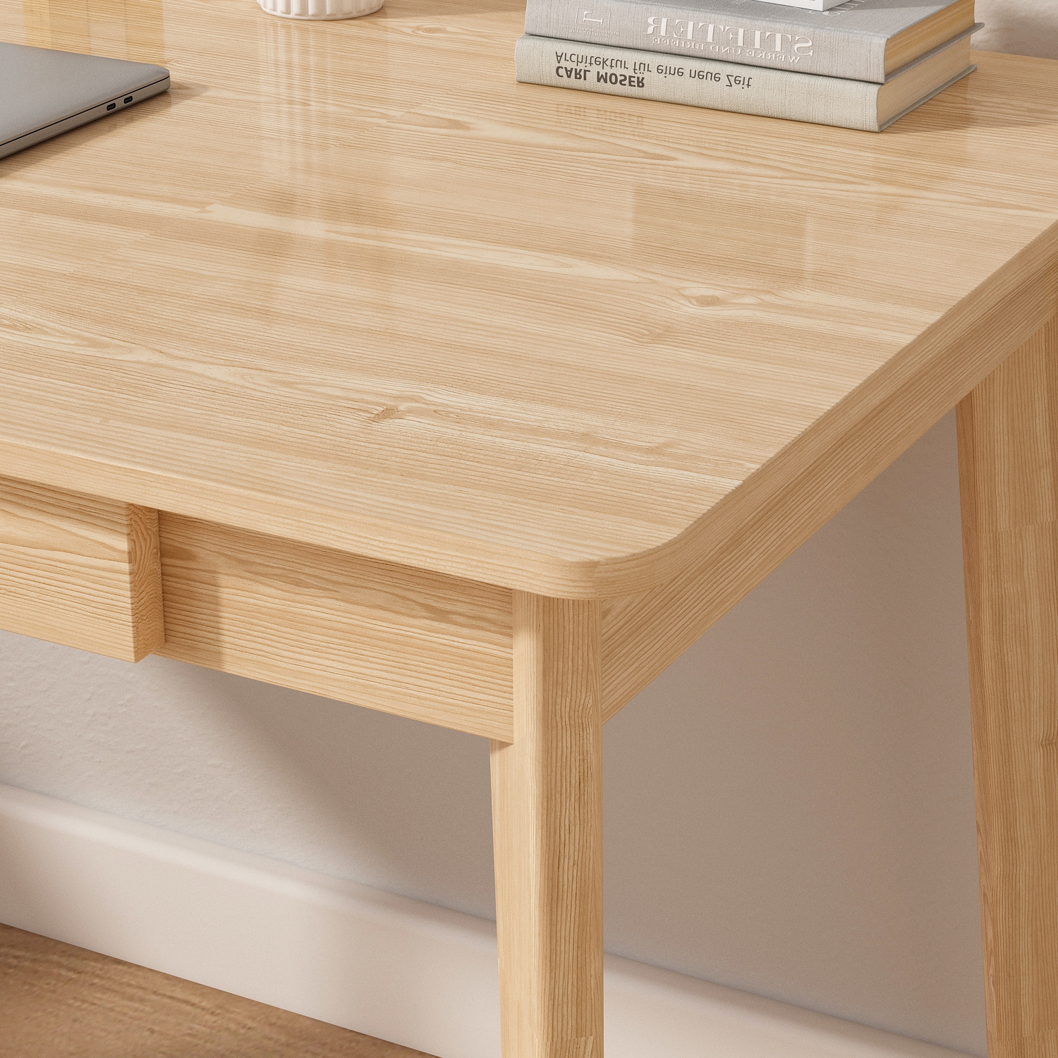 Famapy – Bureau de travail en bois naturel avec deux tiroirs, table de bureau moderne pour la maison, bois naturel