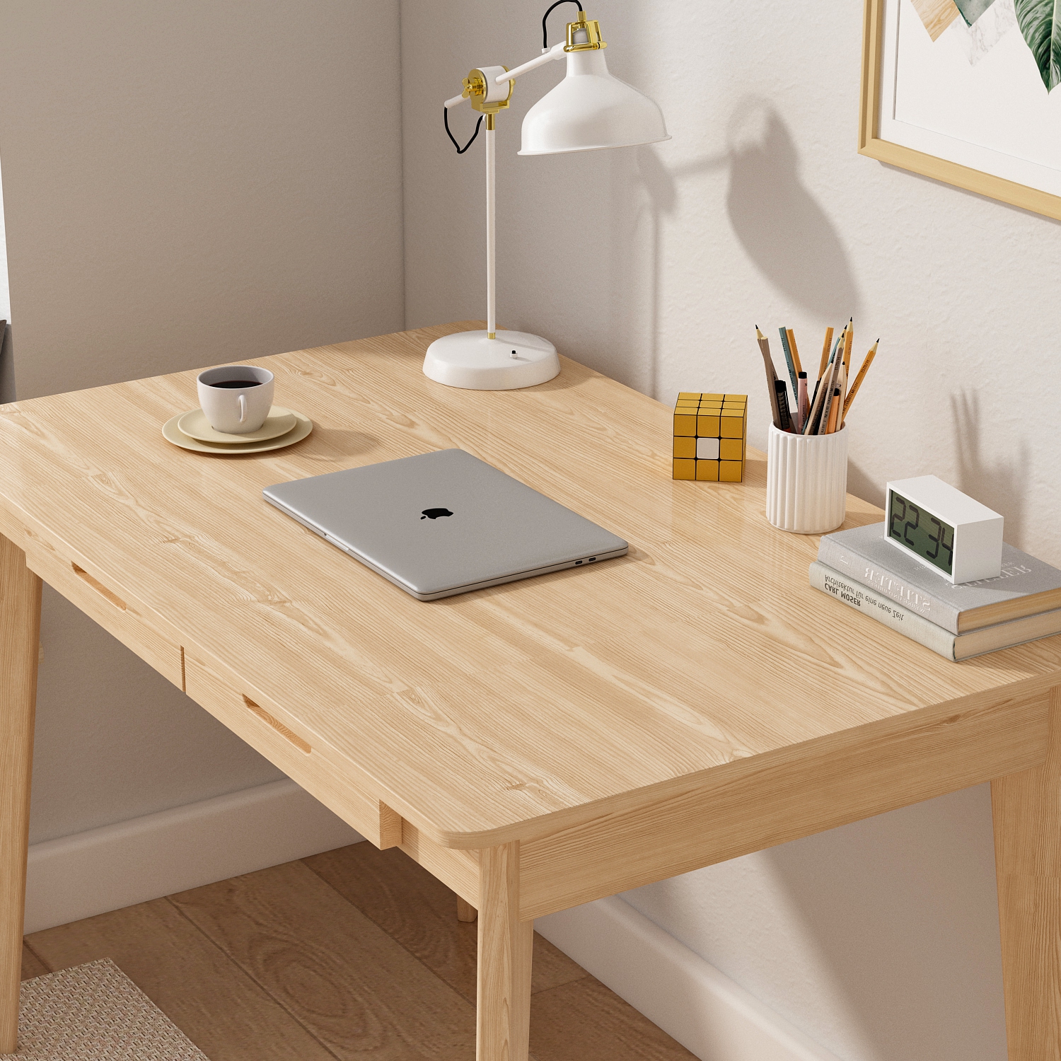 Famapy – Bureau de travail en bois naturel avec deux tiroirs, table de bureau moderne pour la maison, bois naturel