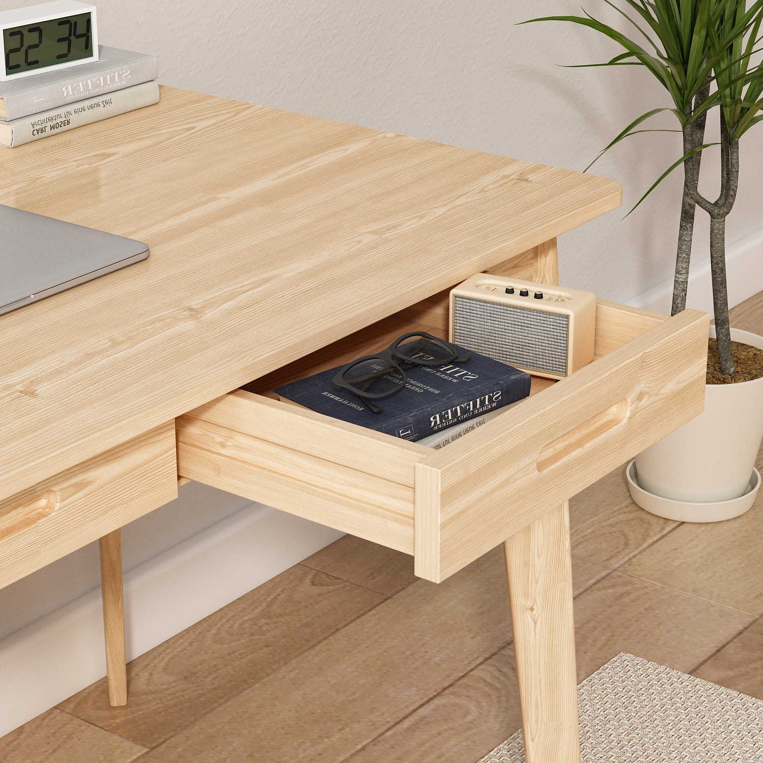 Famapy – Bureau de travail en bois naturel avec deux tiroirs, table de bureau moderne pour la maison, bois naturel