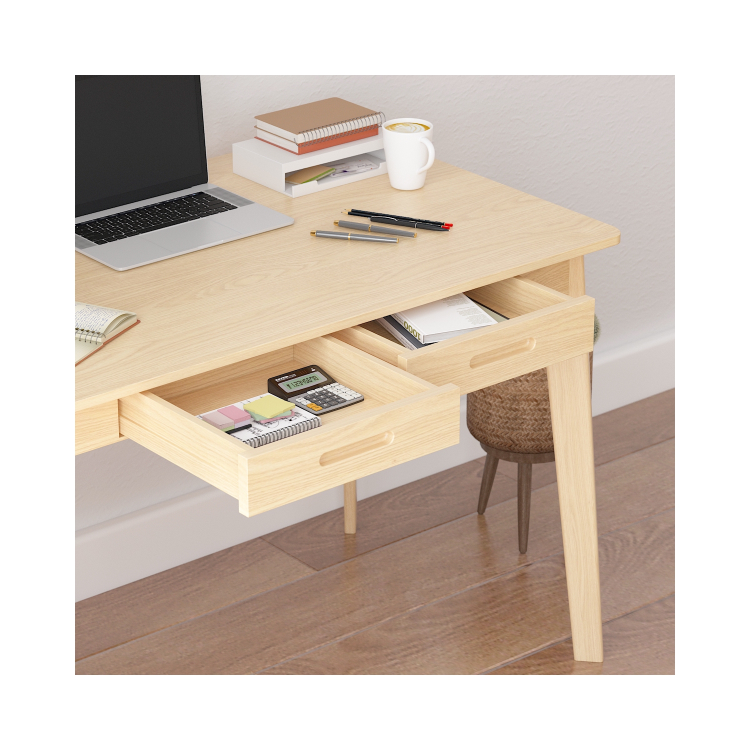 Famapy – Bureau de travail en bois naturel avec deux tiroirs, table de bureau moderne pour la maison, bois naturel