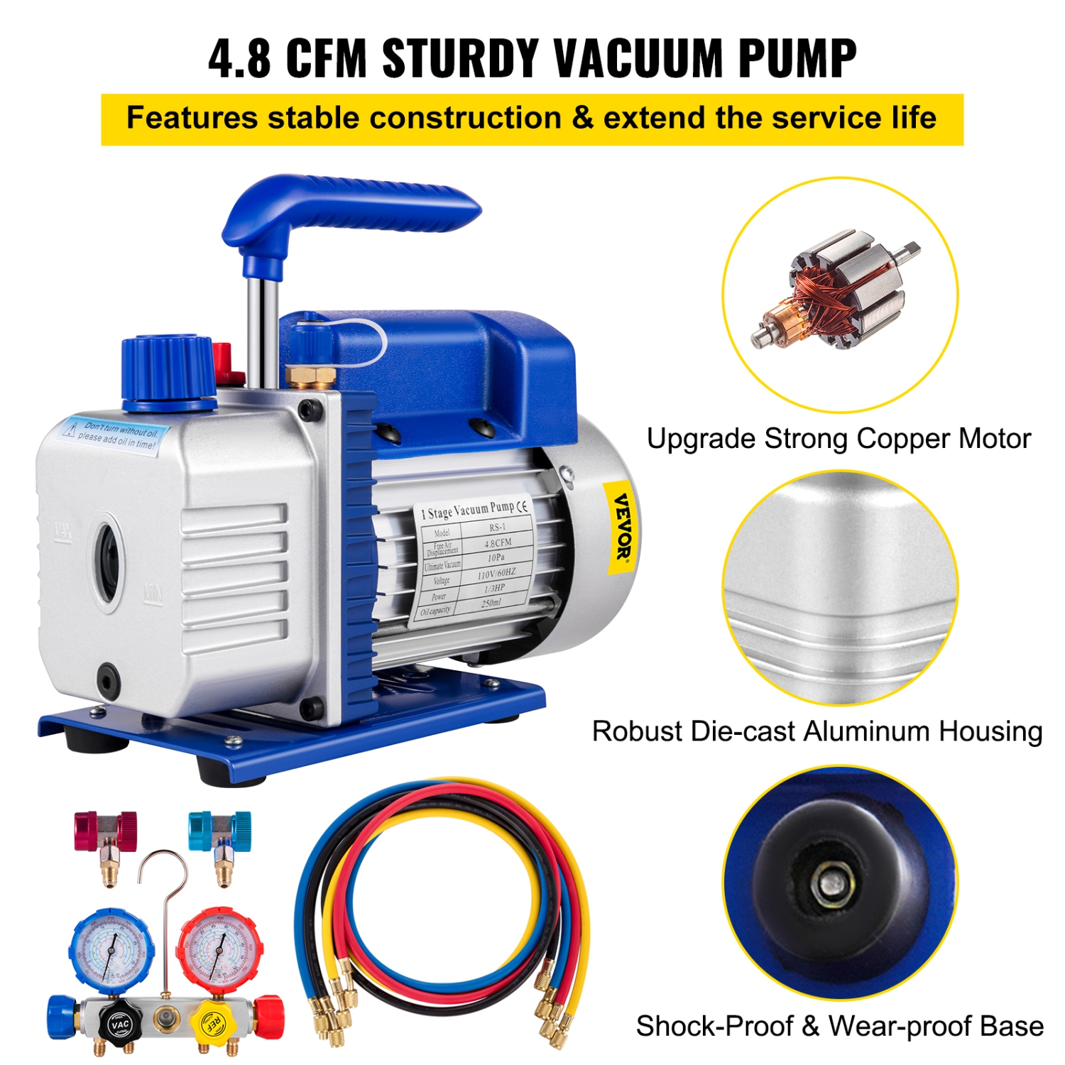 VEVOR 1/4 HP Suction Pump 4.8CFM Single Stage for HVAC A/C Cooling Systems, 5PA Ultimate Vacuum, Manifold Gauge Kit R410A R134A R22, Includes 4-Way