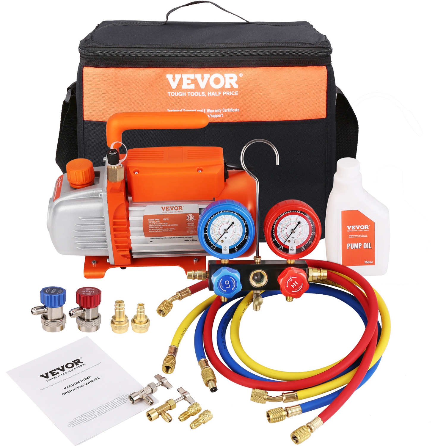 VEVOR 1/5 HP 3.5 CFM AC Vacuum Pump and Gauge Set, Single Stage Rotary Vane HVAC Air Vacuum Pump A/C&nbsp;Refrigerant&nbsp;Kit Manifold Gauge Set,