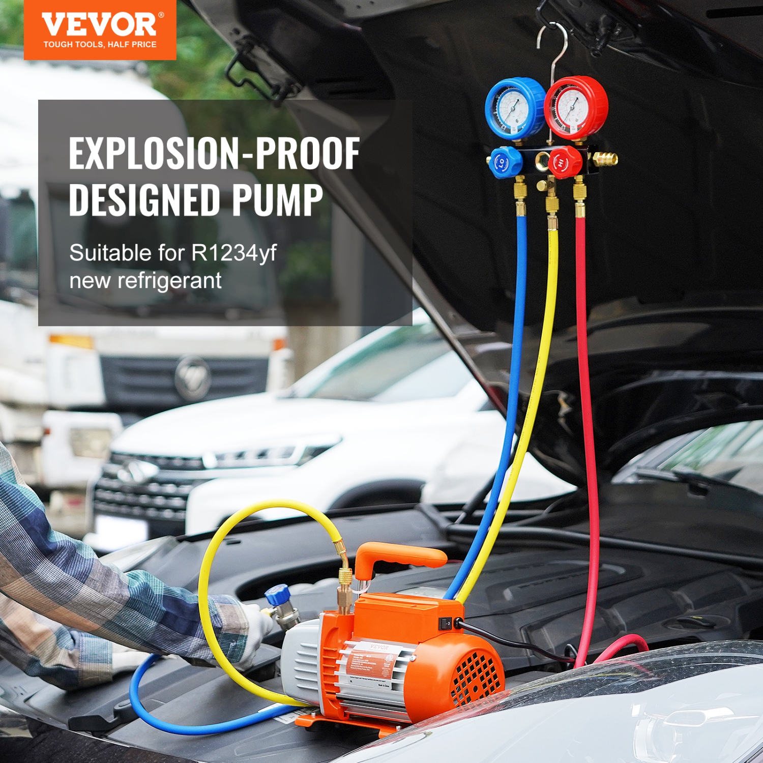 VEVOR 1/5 HP 3.5 CFM AC Vacuum Pump and Gauge Set, Single Stage Rotary Vane HVAC Air Vacuum Pump A/C&nbsp;Refrigerant&nbsp;Kit Manifold Gauge Set,