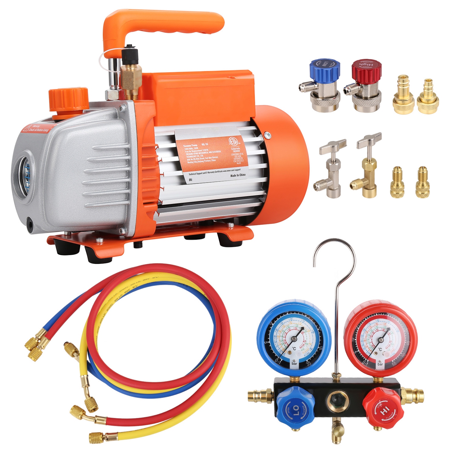 VEVOR 1/5 HP 3.5 CFM AC Vacuum Pump and Gauge Set, Single Stage Rotary Vane HVAC Air Vacuum Pump A/C&nbsp;Refrigerant&nbsp;Kit Manifold Gauge Set,