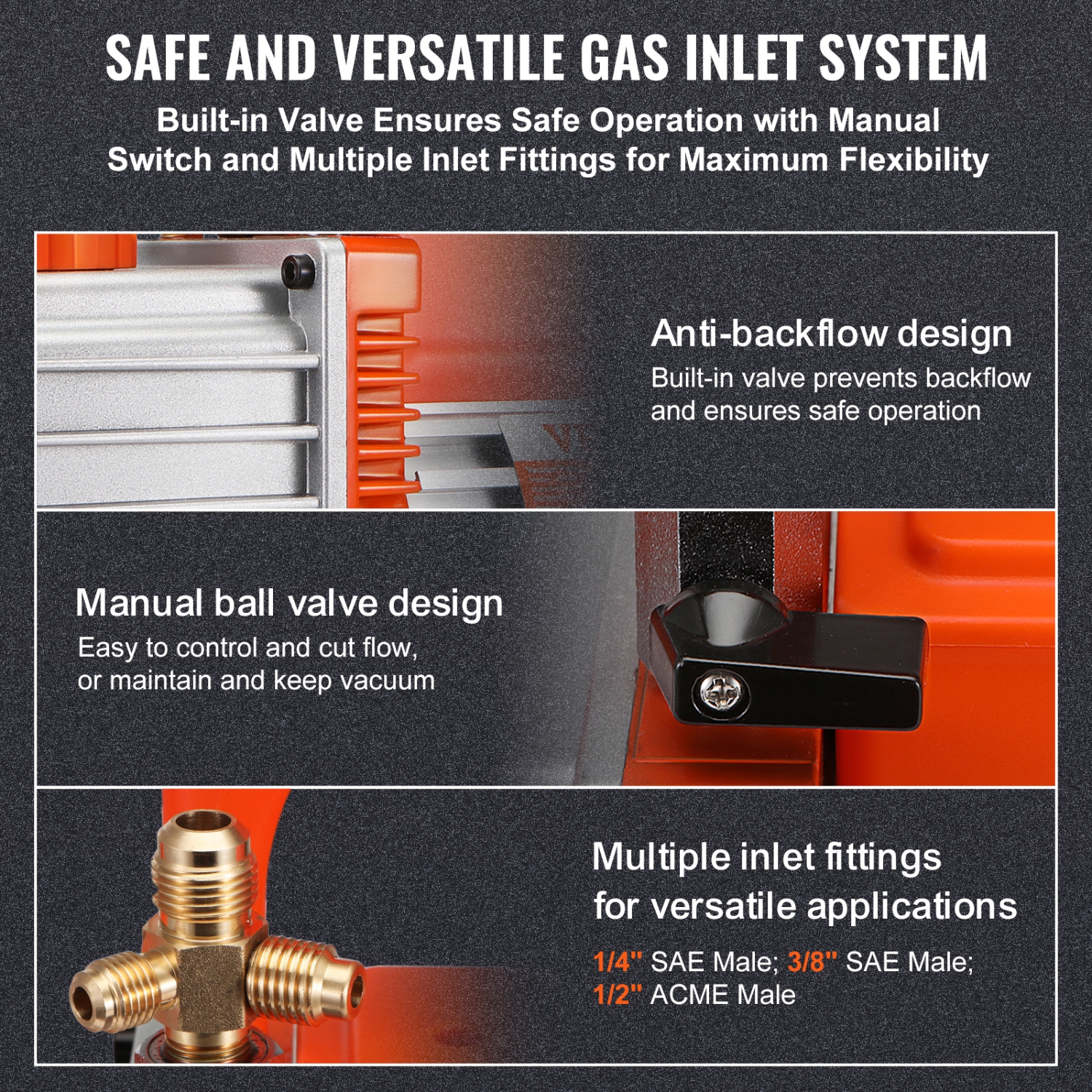 VEVOR 1/2 HP 2 Stage Rotary Vane Vacuum Pump, 5 CFM, 115V Air Conditioning Vacuum Pump, 1/4" SAE Male 3/8" SAE Male 1/2" ACME Male Inlet, for HVAC