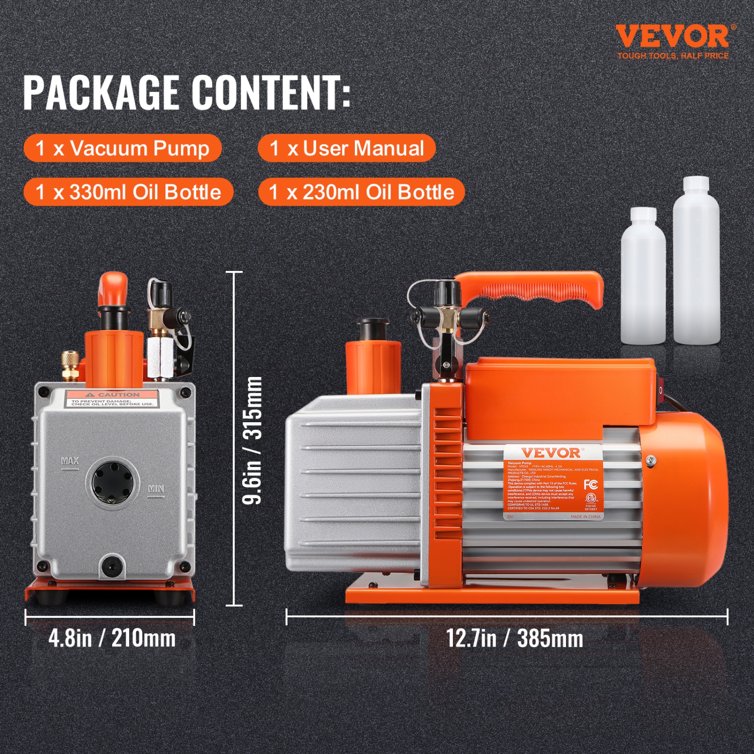 VEVOR 1/2 HP 2 Stage Rotary Vane Vacuum Pump, 5 CFM, 115V Air Conditioning Vacuum Pump, 1/4" SAE Male 3/8" SAE Male 1/2" ACME Male Inlet, for HVAC