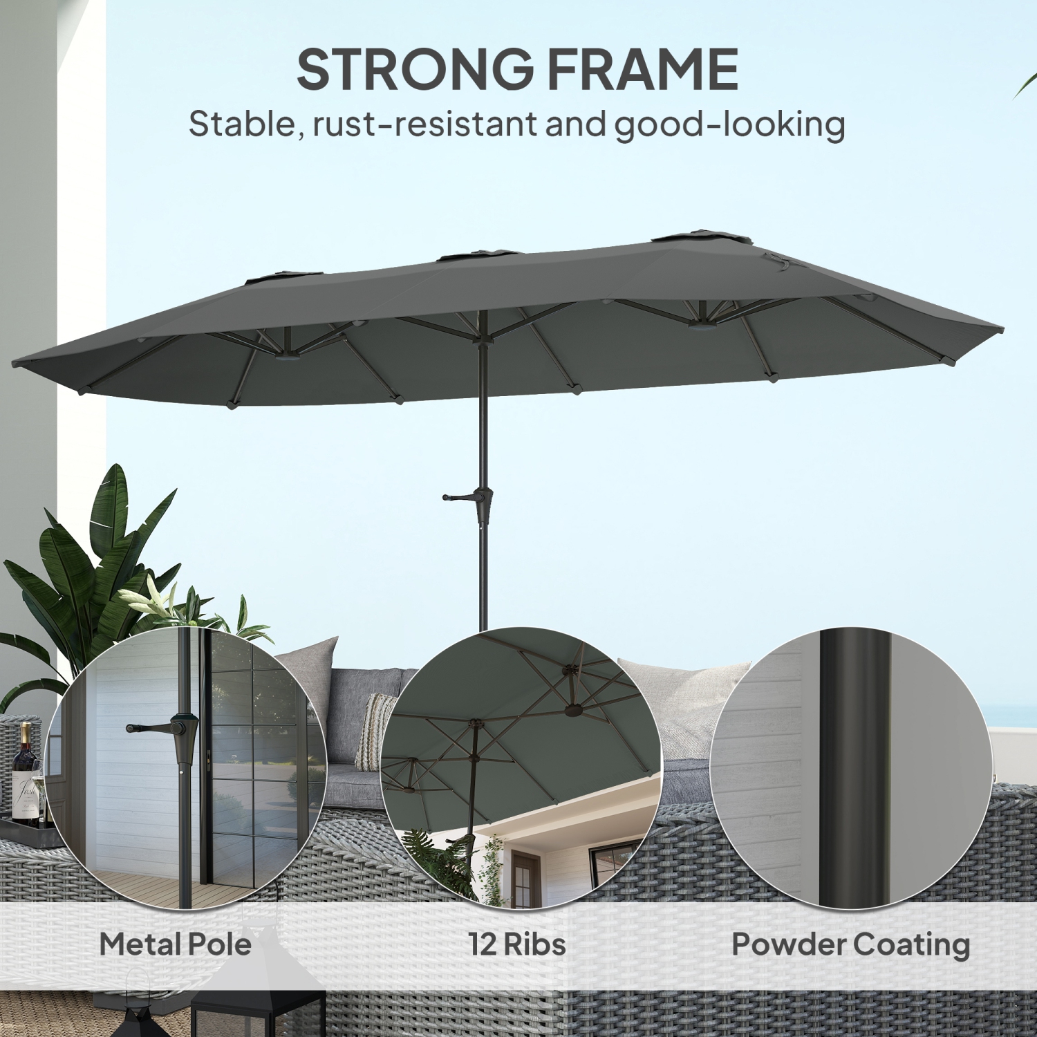 Outsunny 13ft Double-Sided Patio Umbrella, Extra Large Parasol with Crank Handle, Outdoor Market Umbrella for Poolside, Deck, Garden, Light Grey