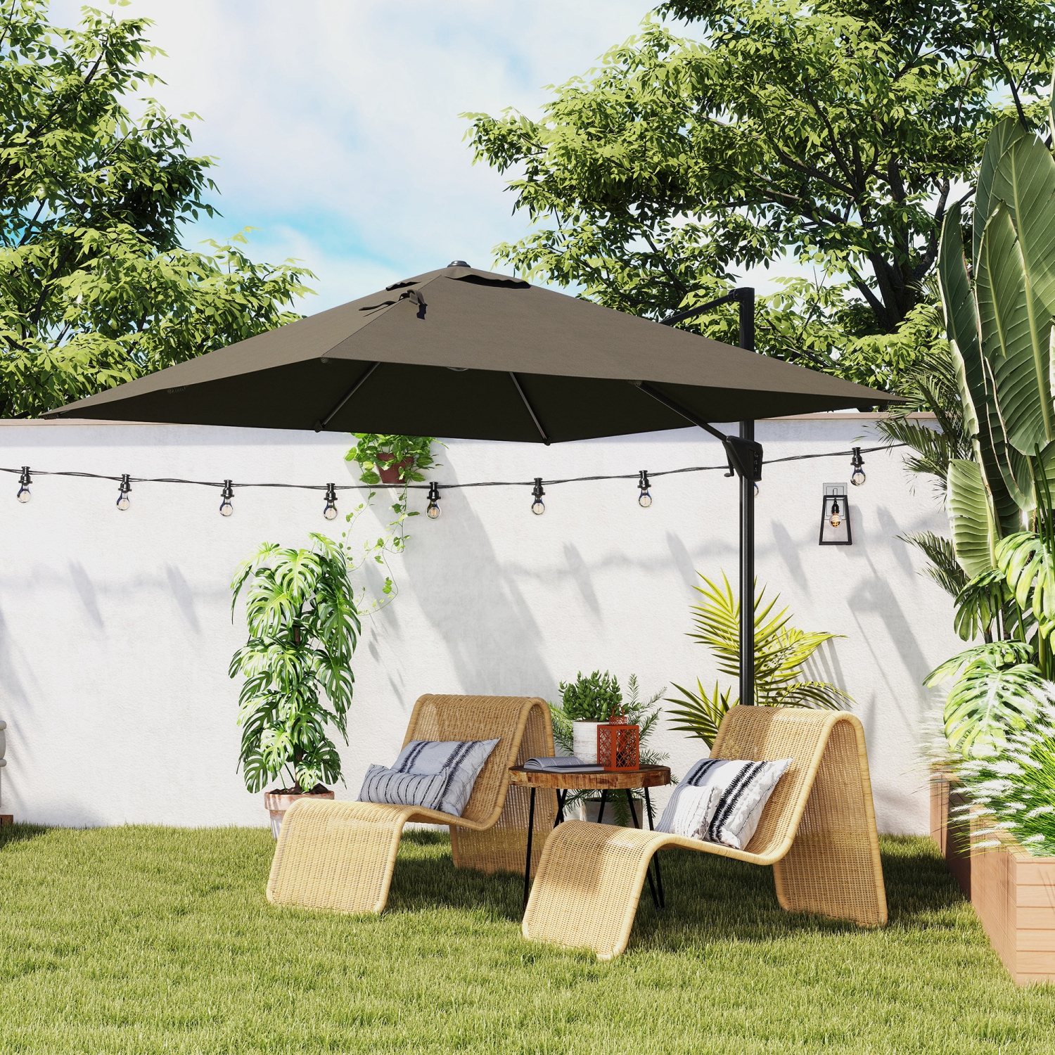 Outsunny 8' x 8' Square Patio Hanging Offset Umbrella with 360° Rotation, Aluminum Outdoor Cantilever Parasol with Crank & Tilt, Sun Canopy Shelter