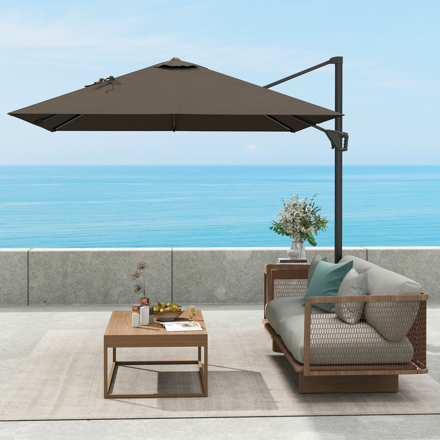 Outsunny 8' x 8' Square Patio Hanging Offset Umbrella with 360° Rotation, Aluminum Outdoor Cantilever Parasol with Crank & Tilt, Sun Canopy Shelter