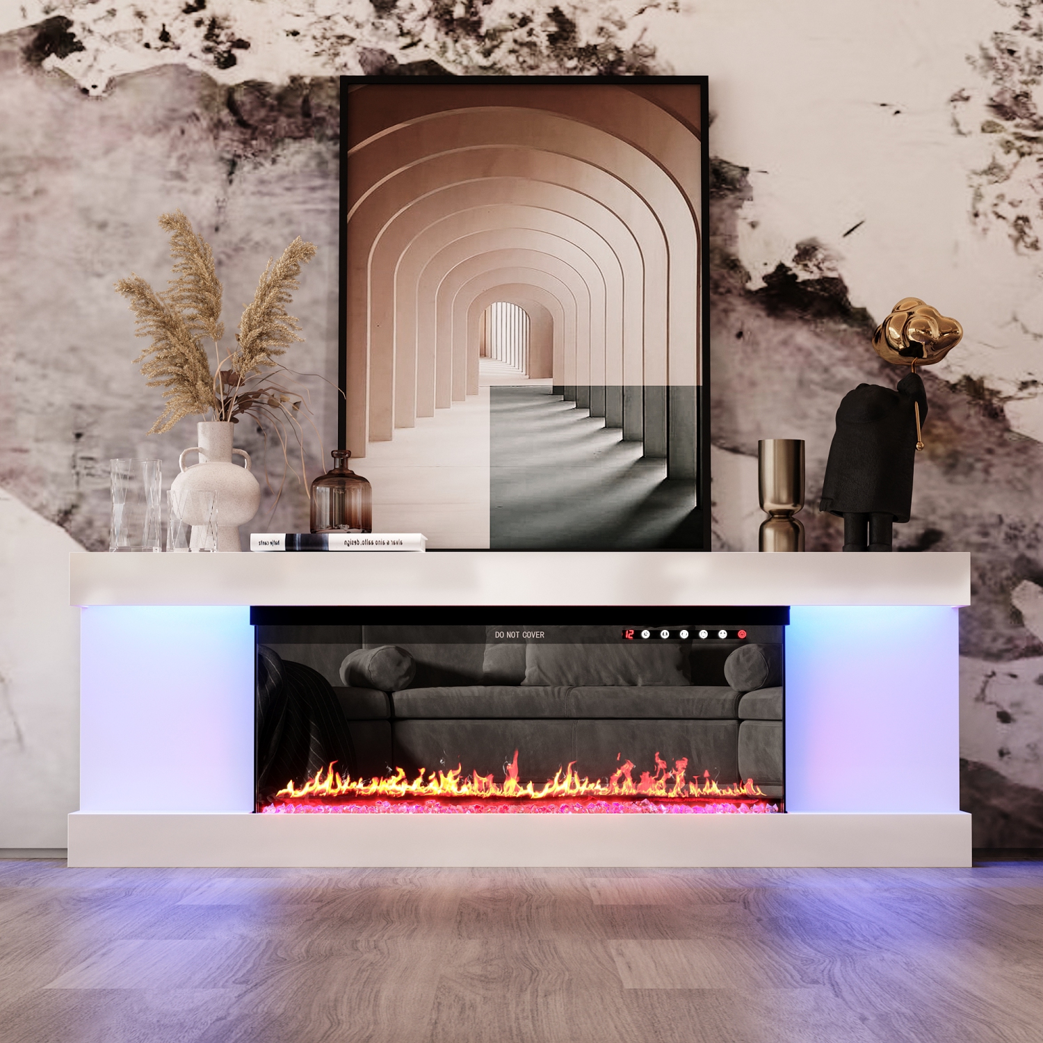 Famapy White TV Cabinet with Electric Fireplace and RGB LED Lights,White