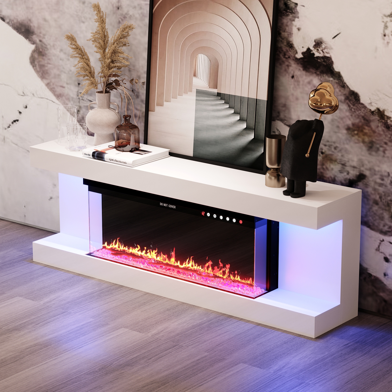 Famapy White TV Cabinet with Electric Fireplace and RGB LED Lights,White