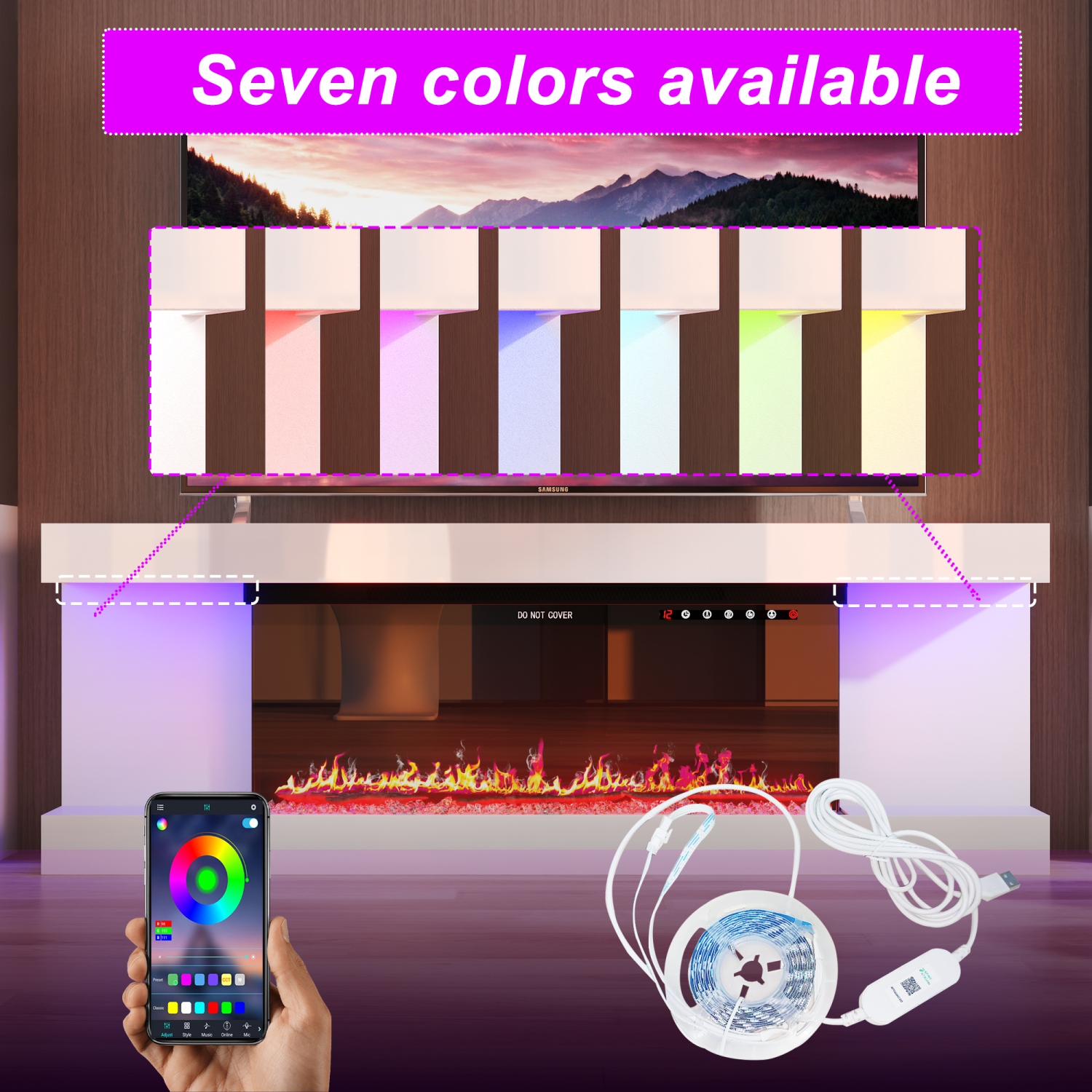 Famapy White TV Cabinet with Electric Fireplace and RGB LED Lights,White