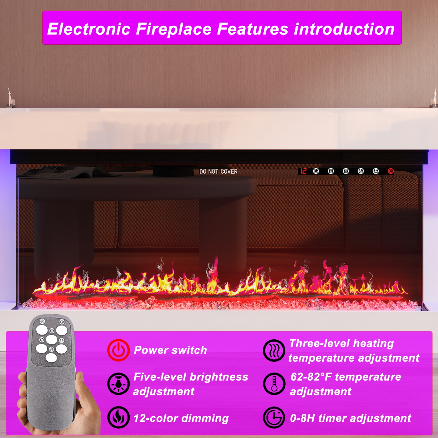 Famapy White TV Cabinet with Electric Fireplace and RGB LED Lights,White