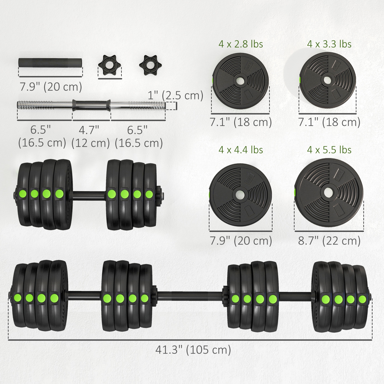 Soozier 2-in-1 Adjustable Weight Barbell & Dumbbells Set, Free Weights Set with Non-Slip Handlebars for Men and Women Home Gym Training, 66LBS