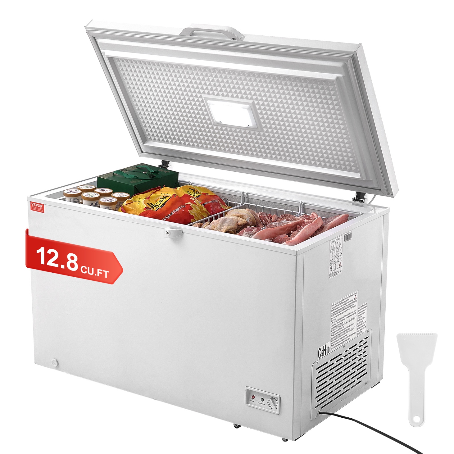 VEVOR 12.8 cu.ft / 345 L Chest Freezer,Large Deep Freezer & 4 Removable Baskets,Freestanding Top Open Door Commercial Chest Freezers,7-Level Adjustable Temp,LED Lighting, 6 Wheels