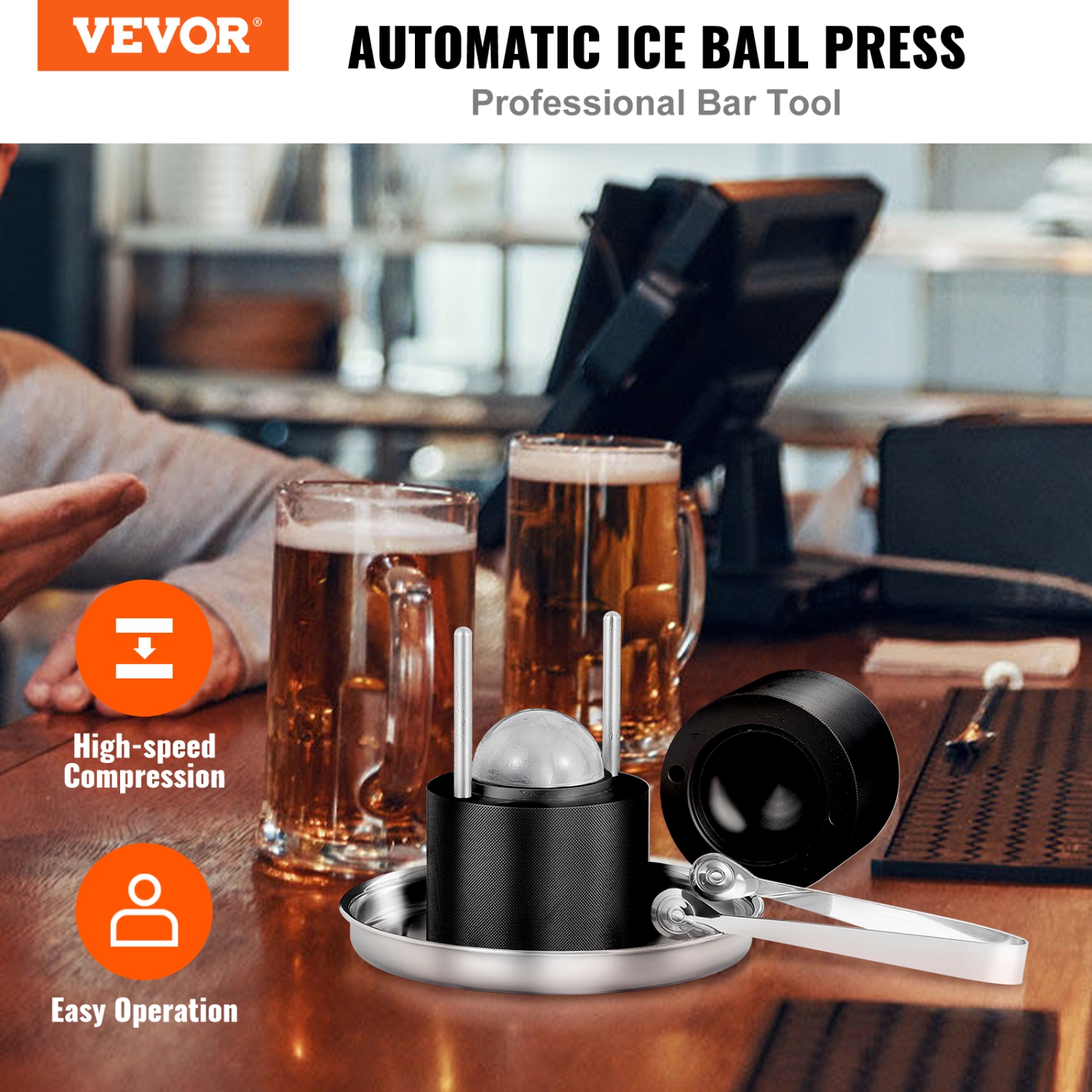 VEVOR 2.4" Ice Ball Press, Ice Ball Maker, Aircraft Al Alloy Ice Ball Press Kit for 60mm Ice Sphere, Ice Press with Tong and Drip Tray, for Whiskey,