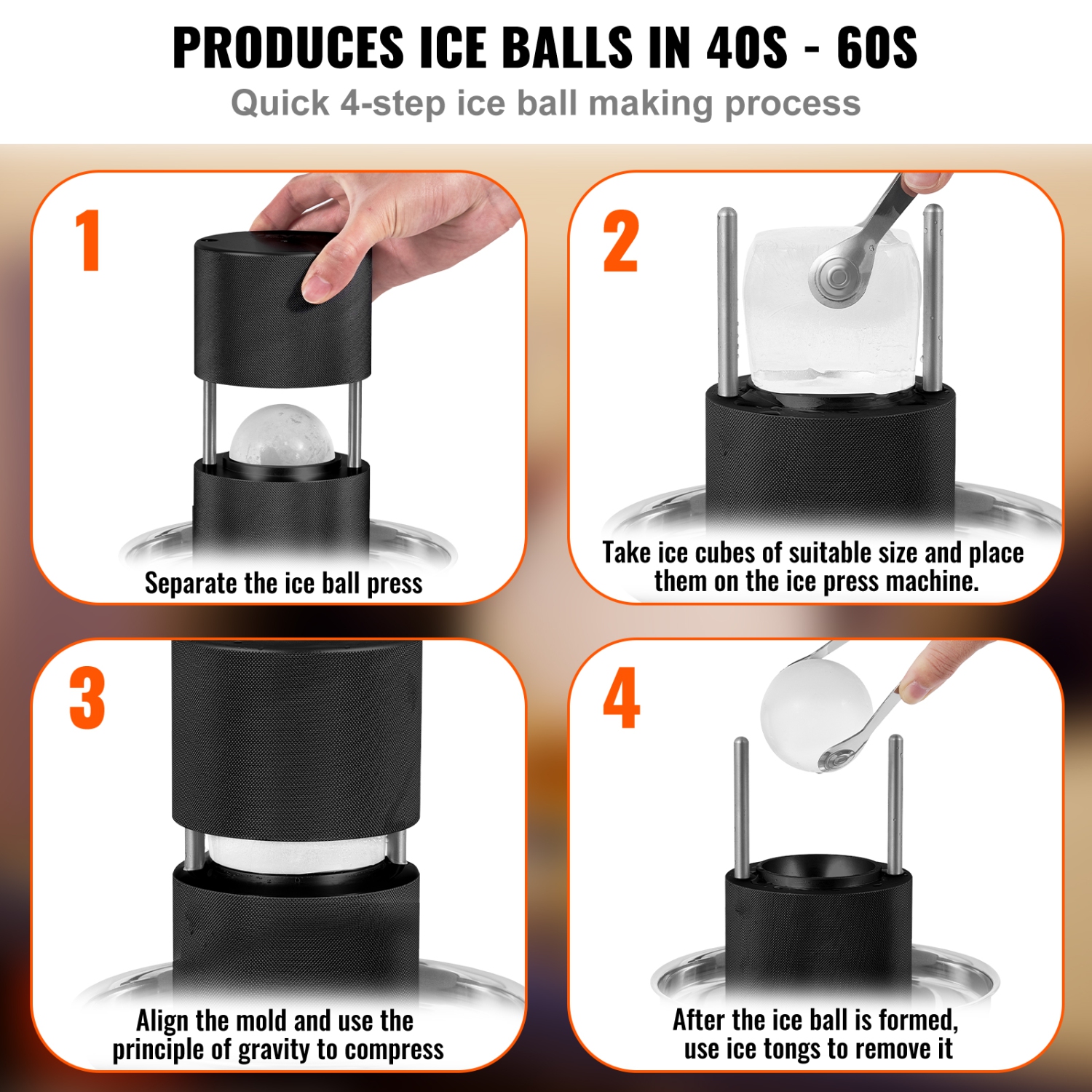 VEVOR 2.4" Ice Ball Press, Ice Ball Maker, Aircraft Al Alloy Ice Ball Press Kit for 60mm Ice Sphere, Ice Press with Tong and Drip Tray, for Whiskey,
