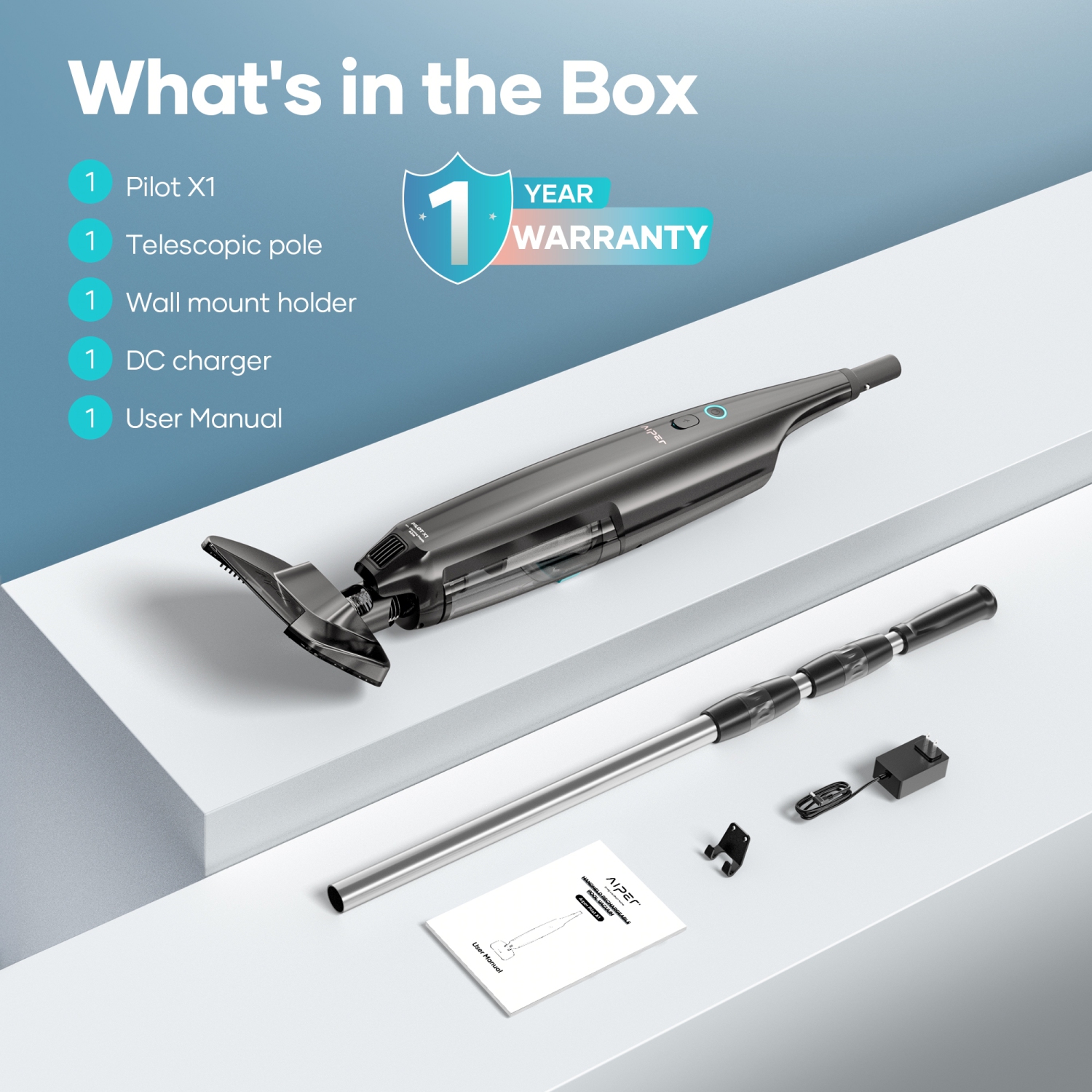 Aspirateur portatif pour piscine Aiper Pilot X1&nbsp;: Système anti-buandage, aspiration de 1&nbsp;260 gal/h, deux filtres, conception légère