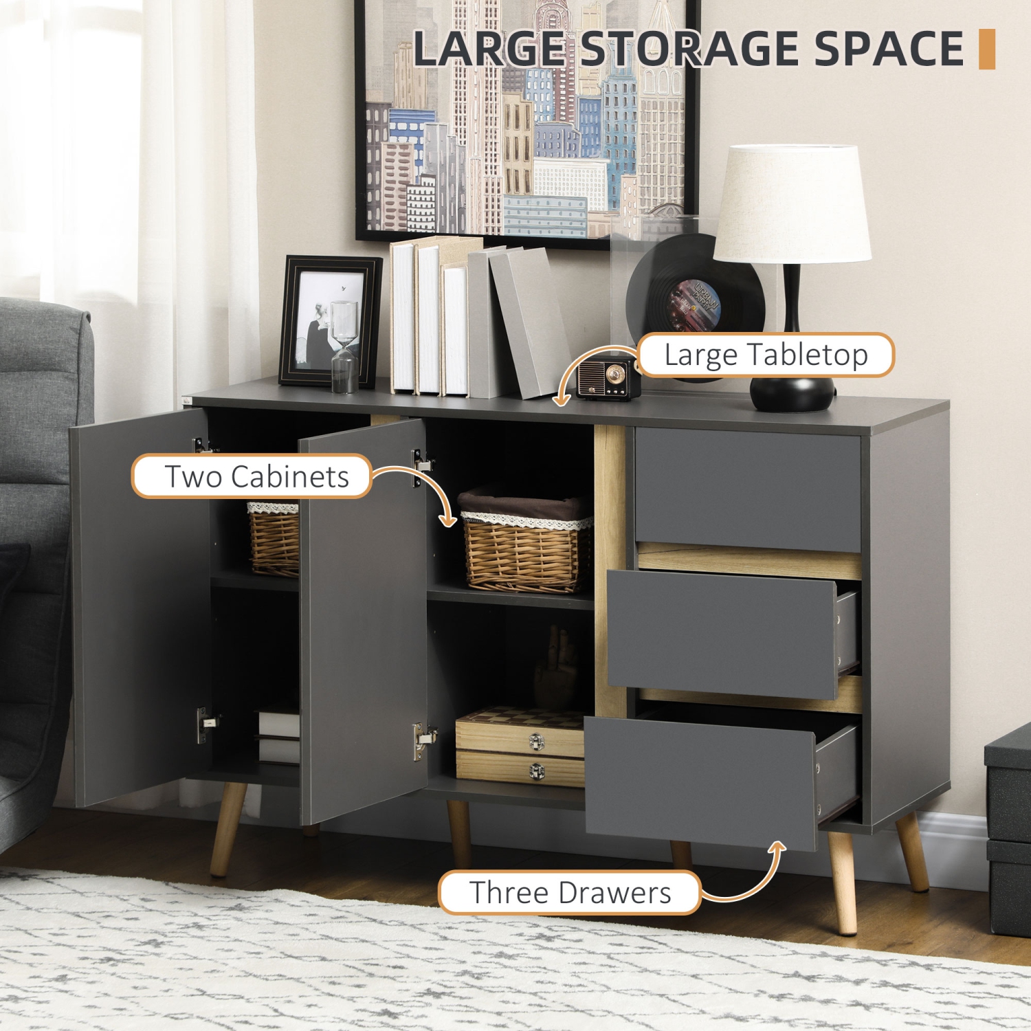 HOMCOM – Buffet, armoire basse Nordic Storage avec portes, 3 tiroirs et tablettes réglables, gris foncé