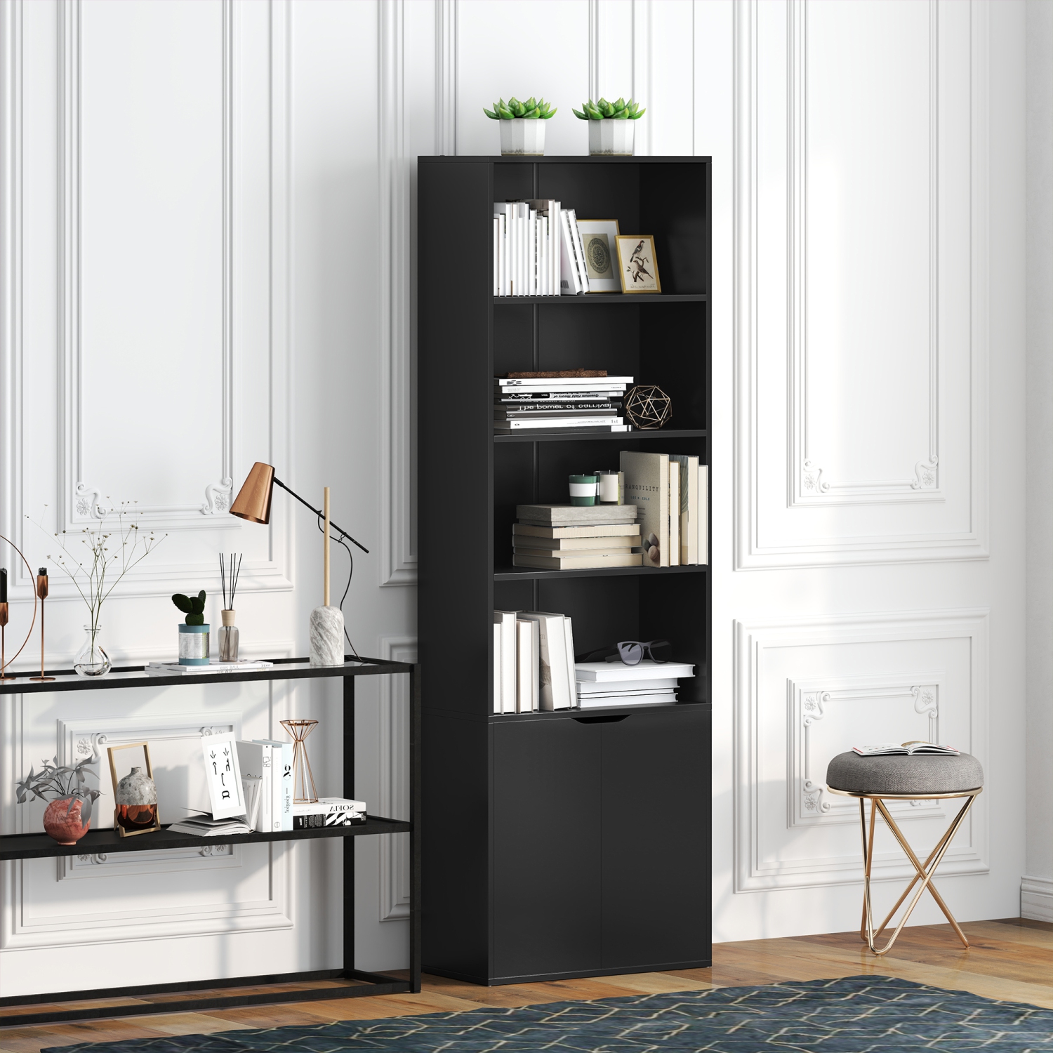 HOMCOM 6-Tier Bookcase, Tall Storage Bookshelf with Double Door Cabinet, Modern Display Shelves for Home Office, Living Room, Bathroom, Study, Black