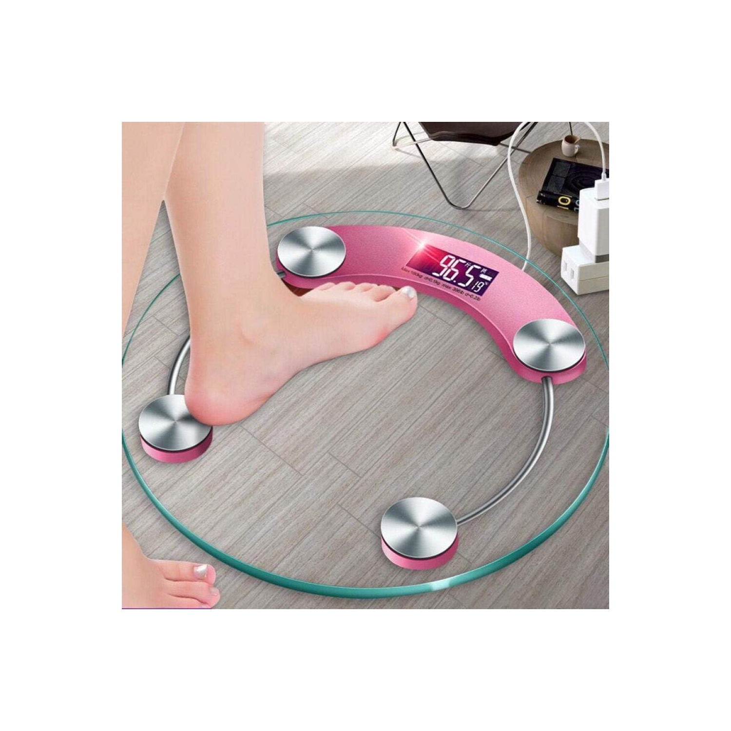 Weight scale, home electronic scale, high-precision measurement, 5 mm tempered glass, diameter 33 cm, LCD backlight display, 180 kg, pink