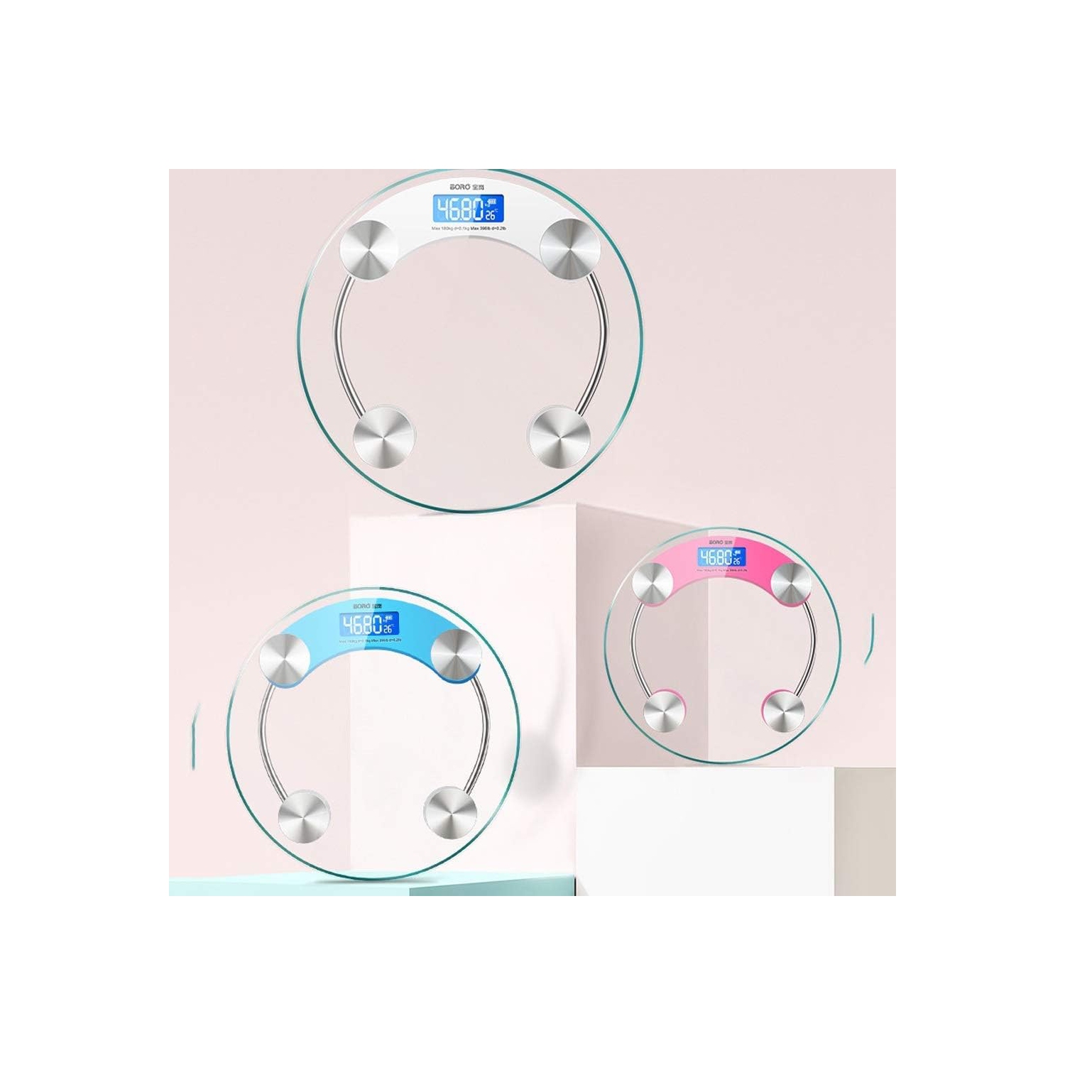 Weight scale, home electronic scale, high-precision measurement, 5 mm tempered glass, diameter 33 cm, LCD backlight display, 180 kg, white