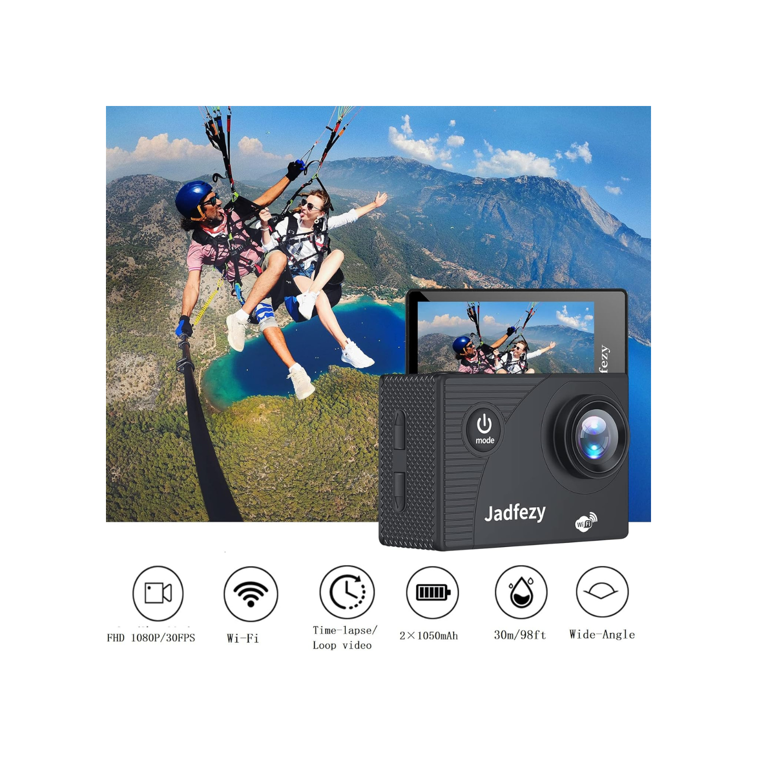 WiFi Action Camera Ultra HD 1080P, 12MP Sports Camera Wide-Angle 2" LCD Screen, 30m/98ft Underwater Waterproof Camera with 2 Batteries and