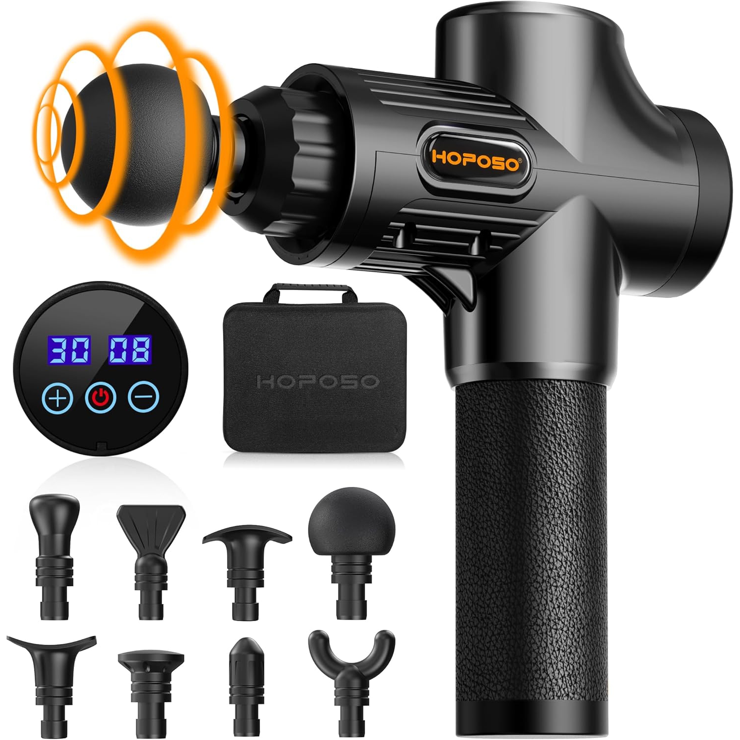HOPOSO Powerful Portable Sports Massage Gun with 30 Speeds, 8 Massage Heads, Quiet Motor, LCD Screen, Rechargeable, Carry Case