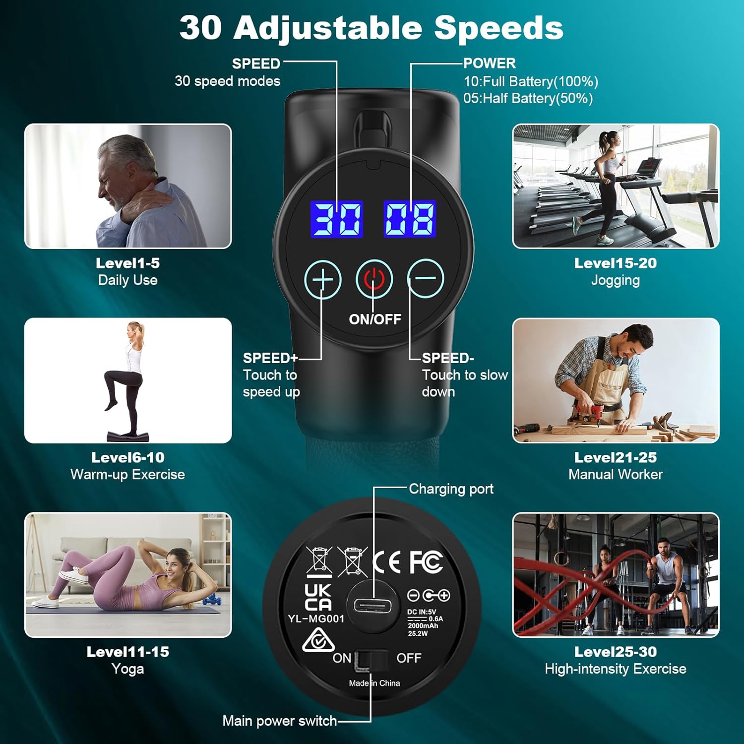 HOPOSO Powerful Portable Sports Massage Gun with 30 Speeds, 8 Massage Heads, Quiet Motor, LCD Screen, Rechargeable, Carry Case