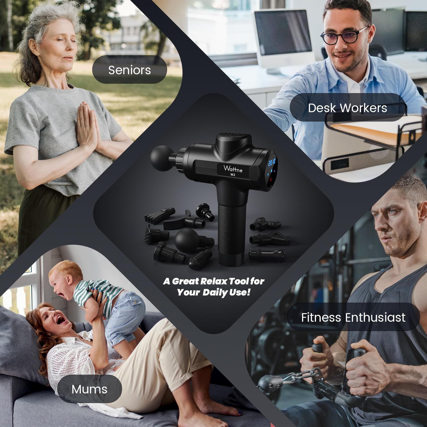 Wattne W2 Deep Tissue Massage Gun - Cordless Handheld Percussion Massager for Athletes, 20 Speeds, 10 Heads, Ultra-Quiet Brushless Motor, Portable,