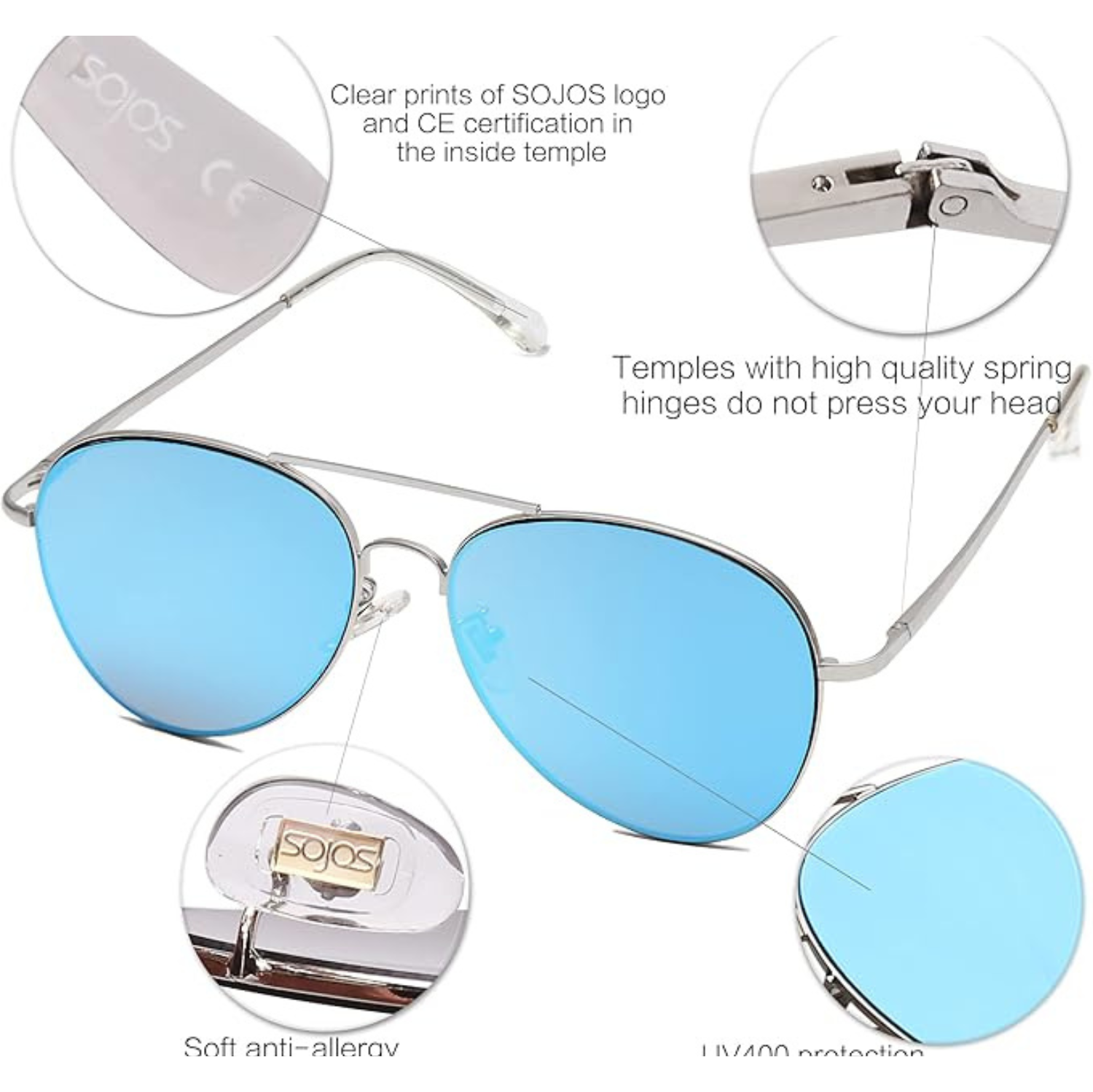 Classic Aviator Sunglasses for Women Men Metal Frame Spring Hinges SJ1030,