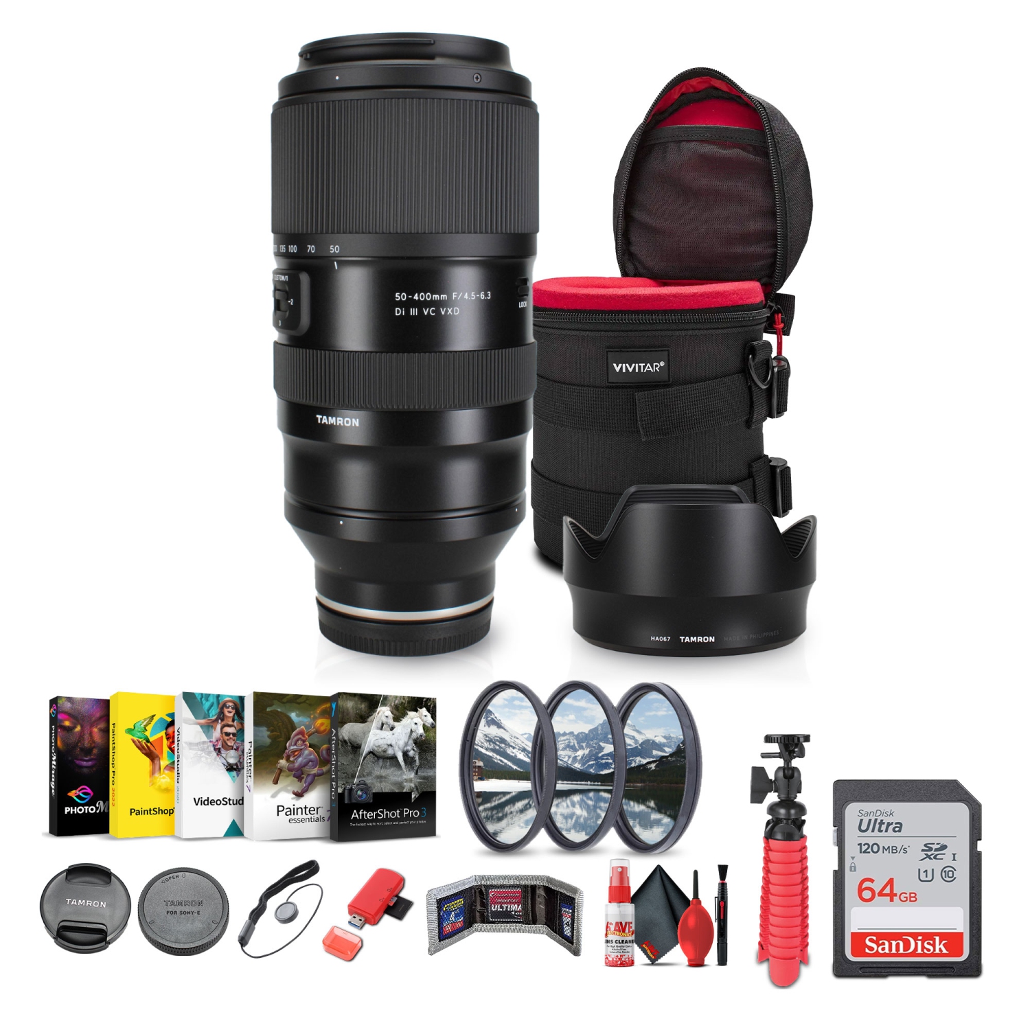 Objectif 50-400&nbsp;mm f/4,5-6,3 Di III VC VXD de Tamron + sac à dos à bandoulière + plus