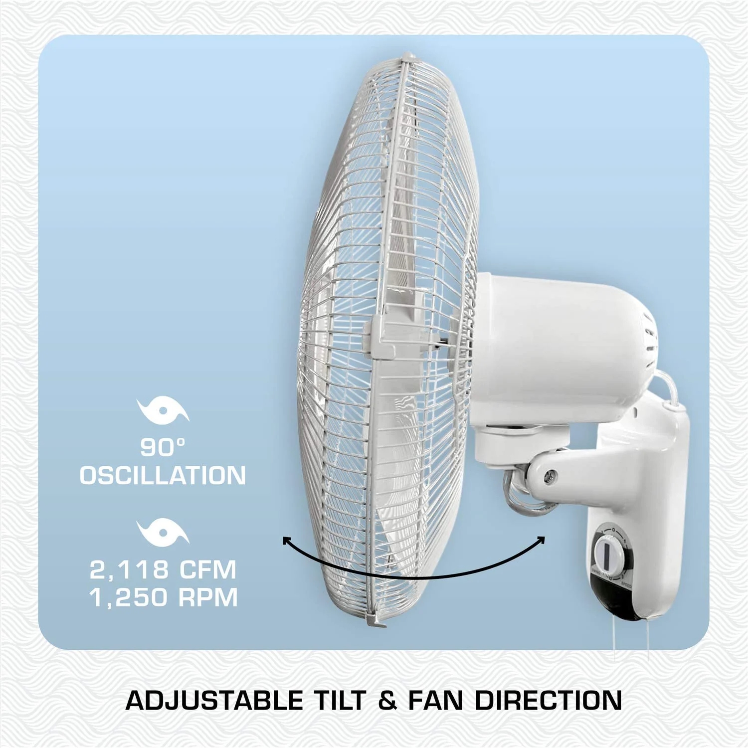 Hurricane – Ventilateur mural oscillant à 3 vitesses de 16&nbsp;po, 90 degrés, blanc