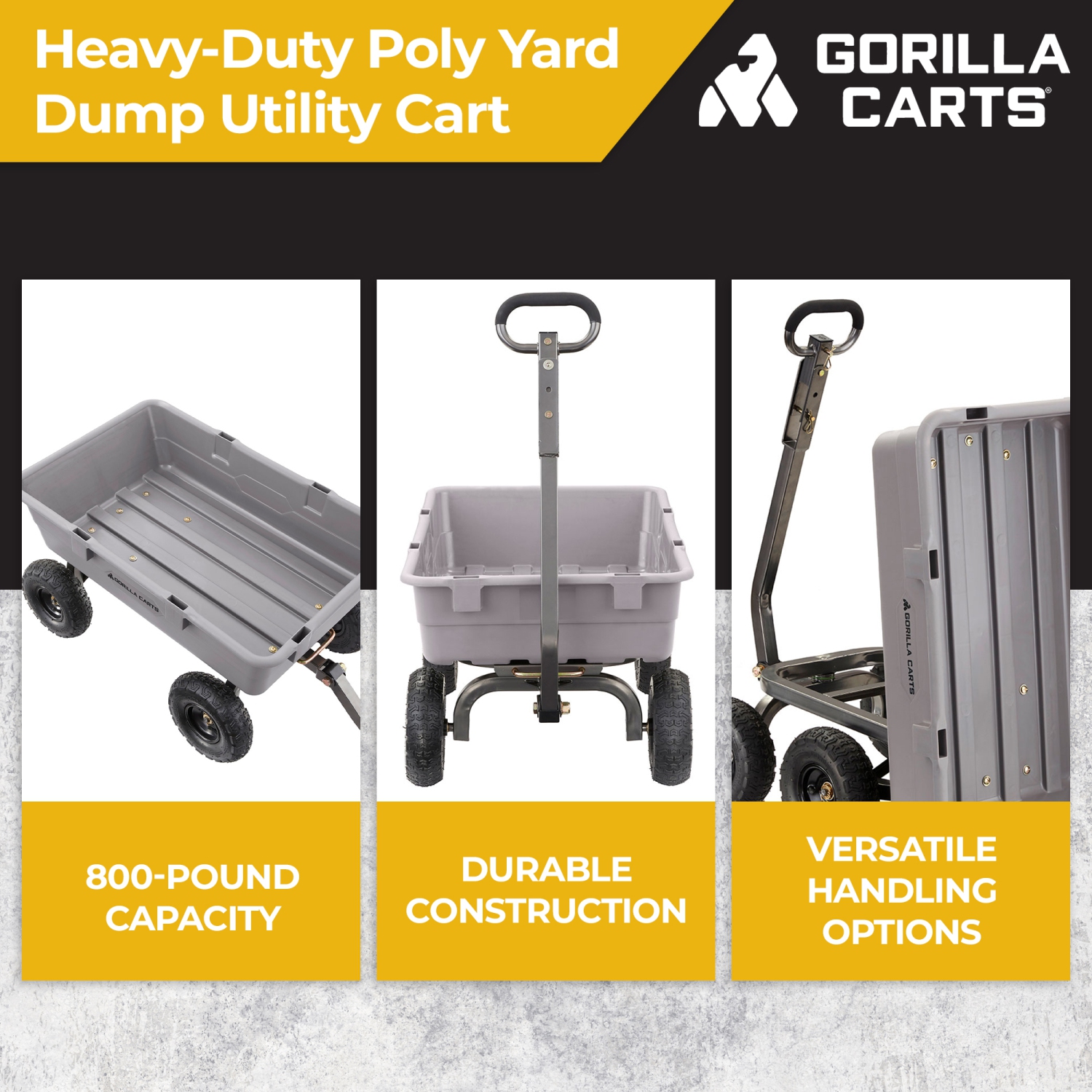 Chariot utilitaire robuste Gorilla Carts en poly, capacité de 800 lb, gris