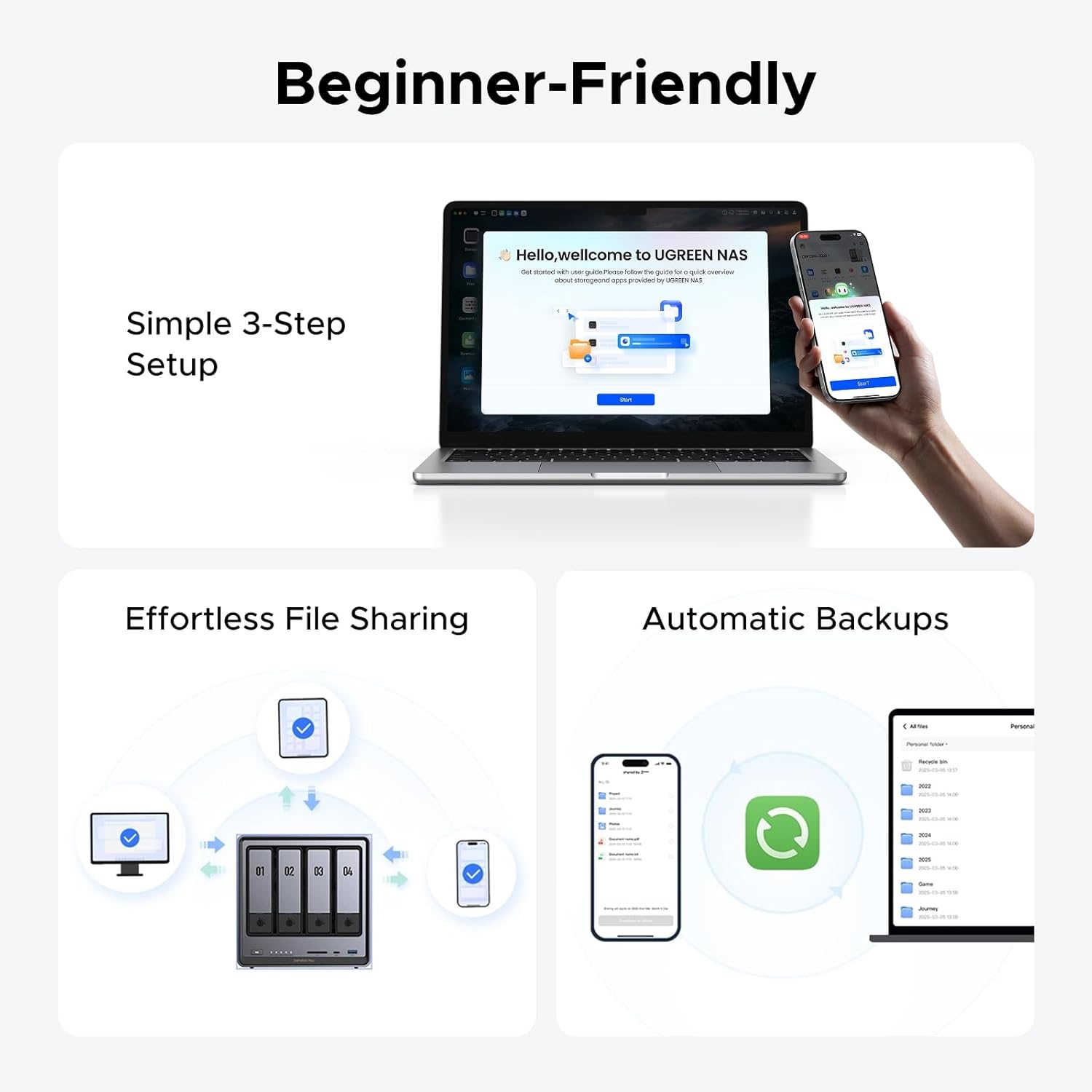 NAS de bureau à 4 baies NASync DXP4800 Plus d'UGREEN – Pentium Gold 8505 d'Intel, mémoire vive 8&nbsp;Go, SSD d'128&nbsp;Go, 10 GbE, 2,5 GbE, HDMI
