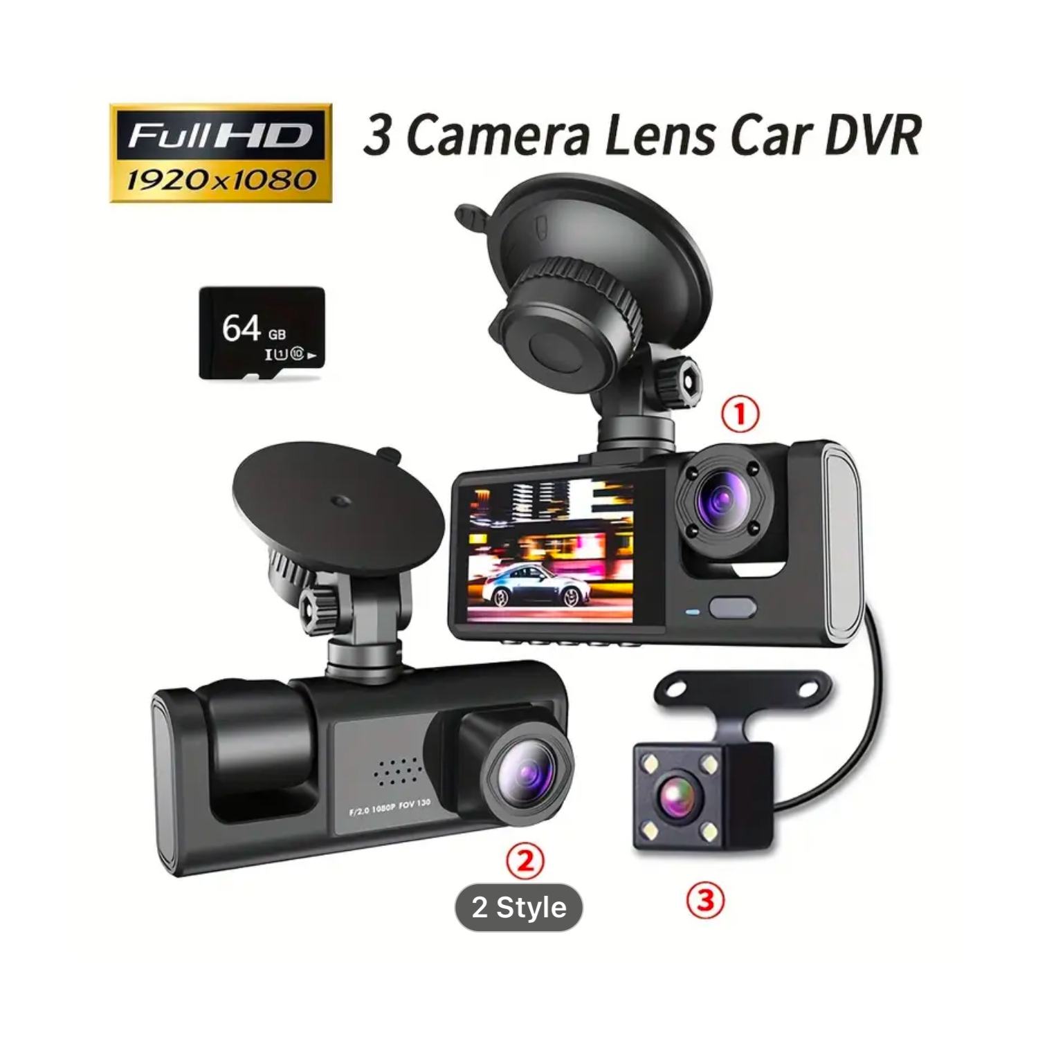 1080P+480P+480P 3 Channel Dash Cam Wide Angle for Cars Front, Inside and Rear and 32GB SD Card Included with Loop Recording and G-Sensor