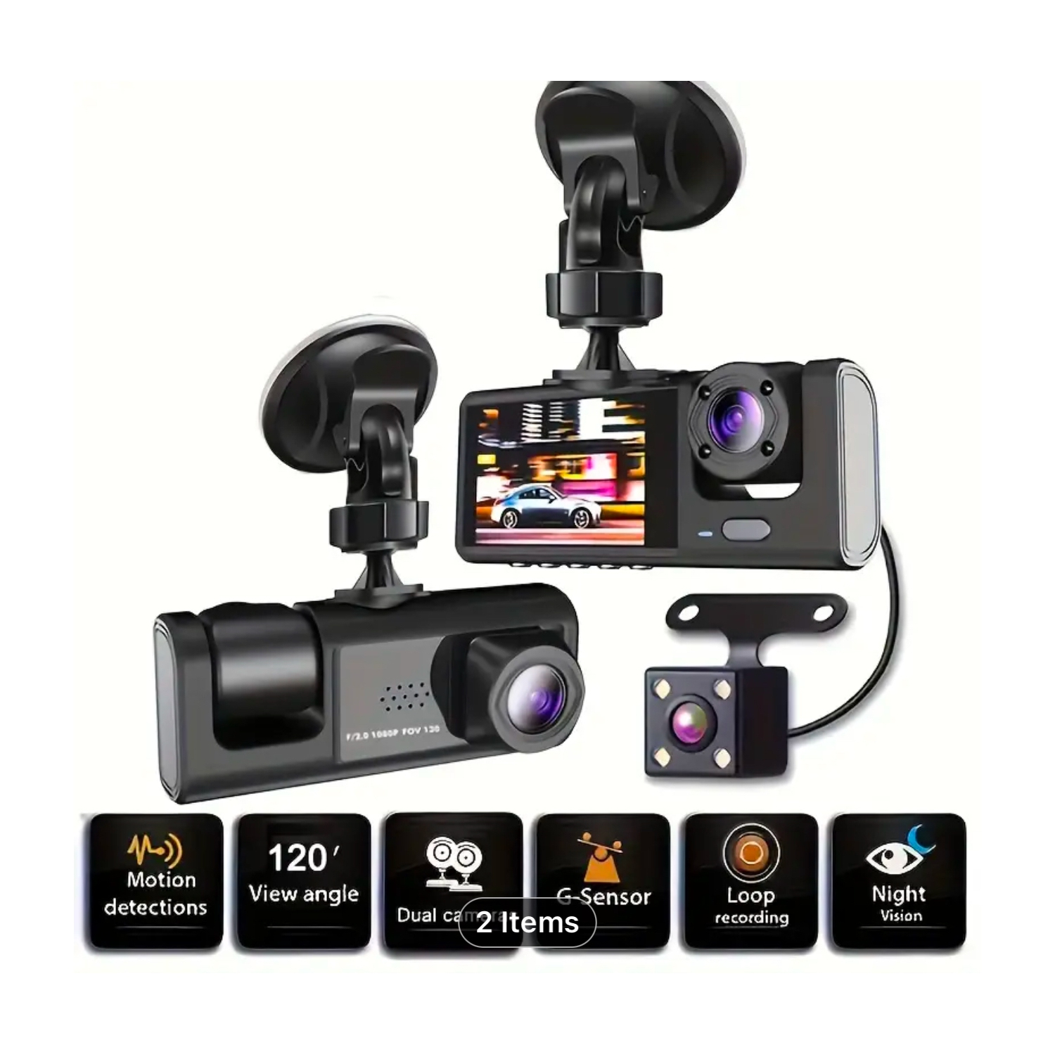 1080P+480P+480P 3 Channel Dash Cam Wide Angle for Cars Front, Inside and Rear and 32GB SD Card Included with Loop Recording and G-Sensor